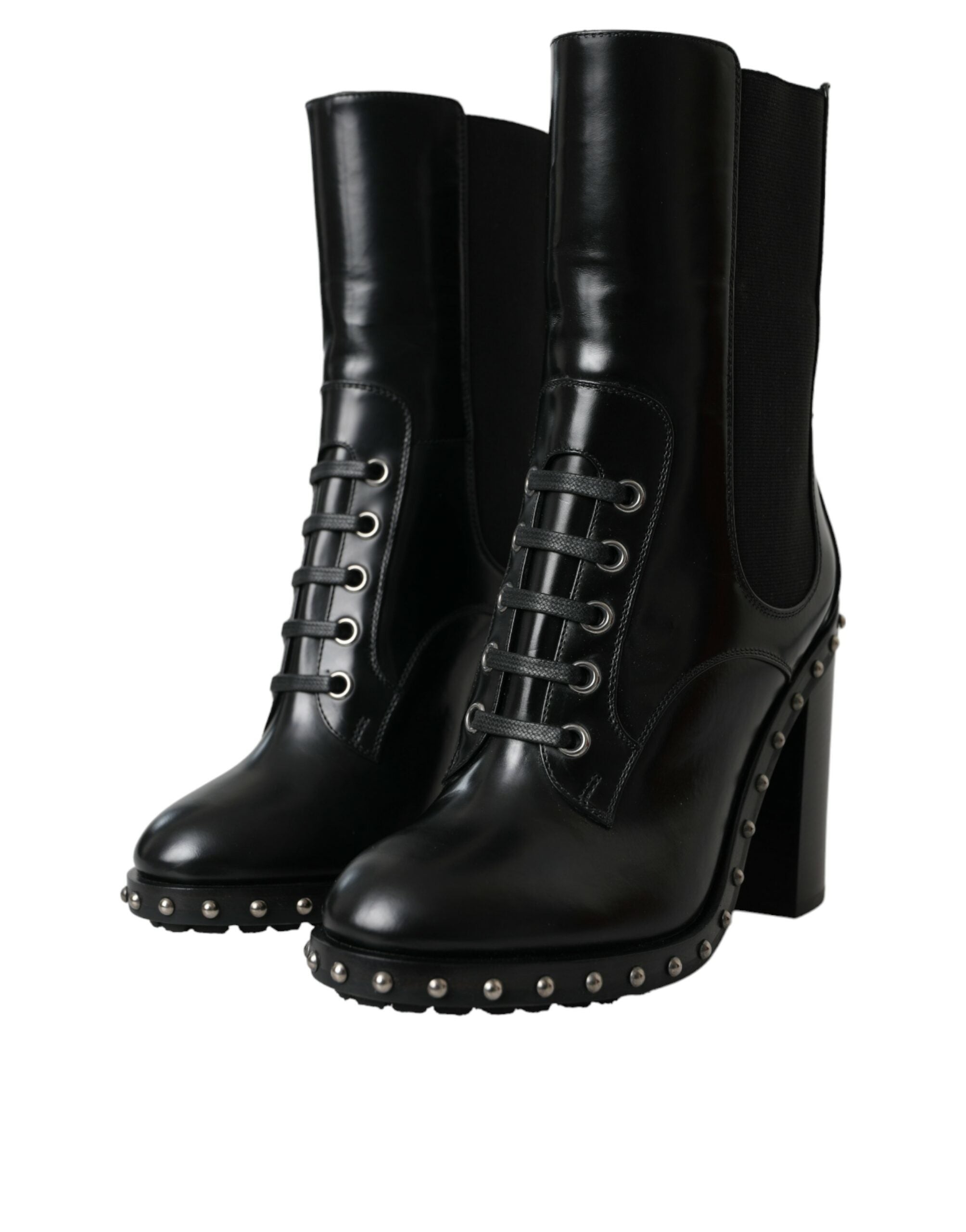 Dolce & Gabbana Black Leather Studded Lace Up Boots Shoes Glam Steals