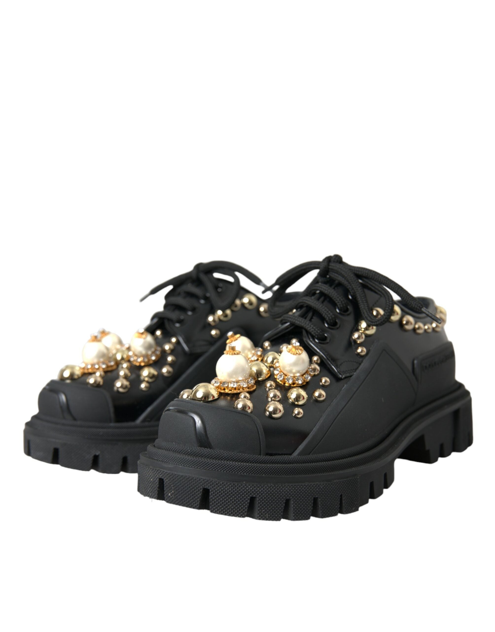 Dolce & Gabbana Black Leather Trekking Derby Embellished Shoes Glam Steals