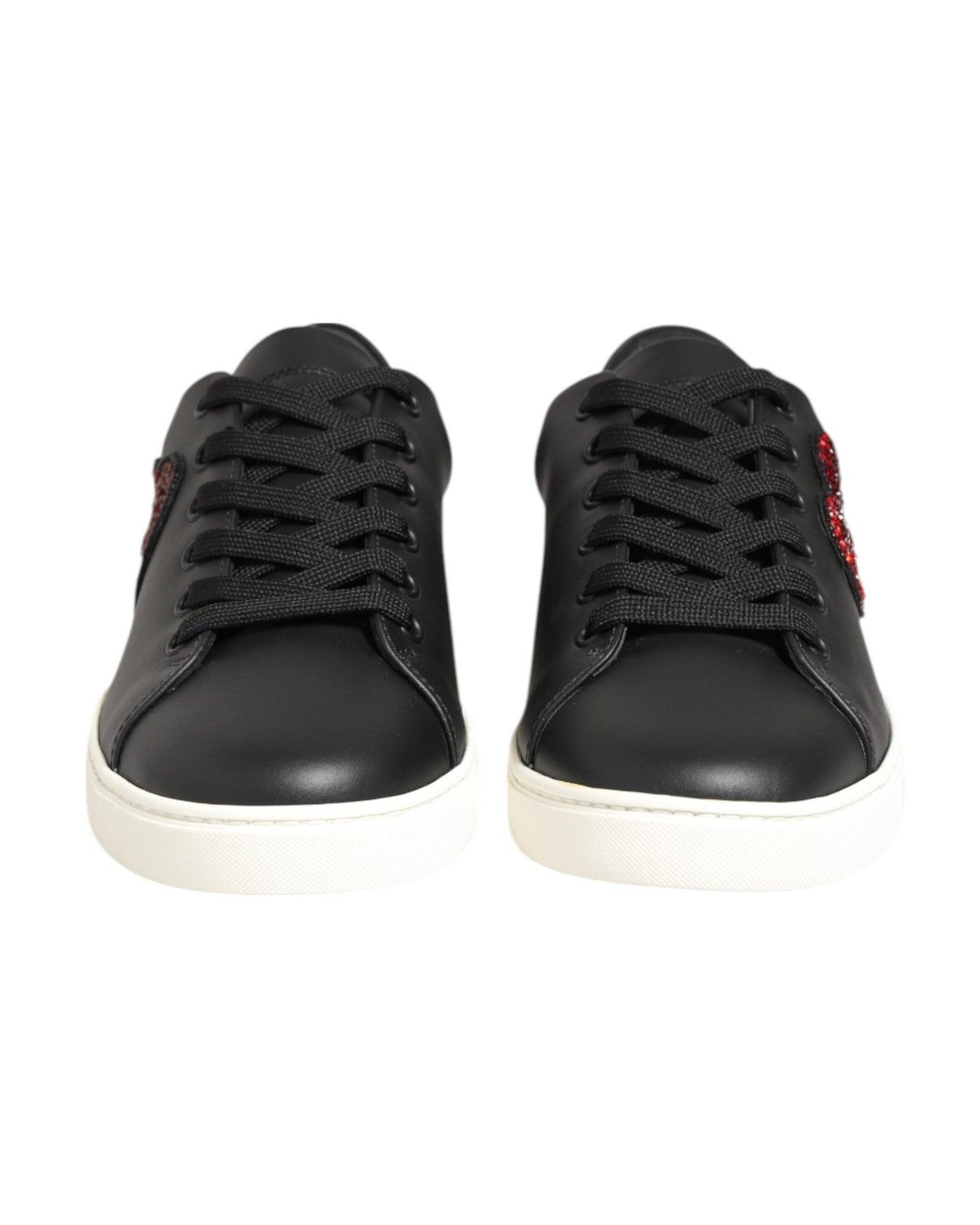 Dolce & Gabbana Black Leather White Crystal Heart Sneakers Shoes Glam Steals