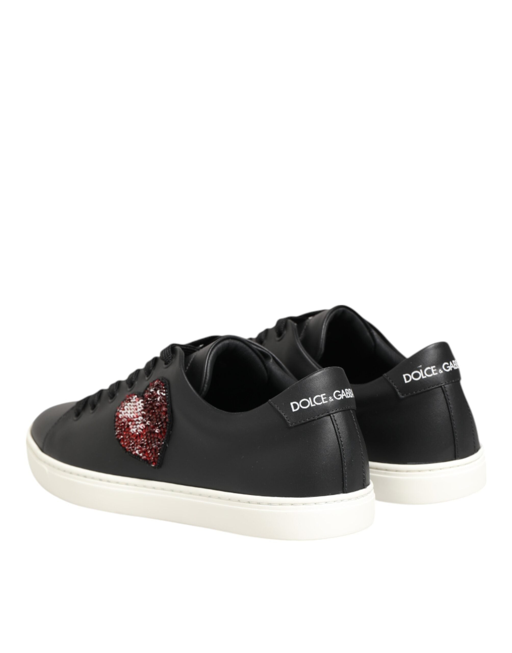 Dolce & Gabbana Black Leather White Crystal Heart Sneakers Shoes Glam Steals