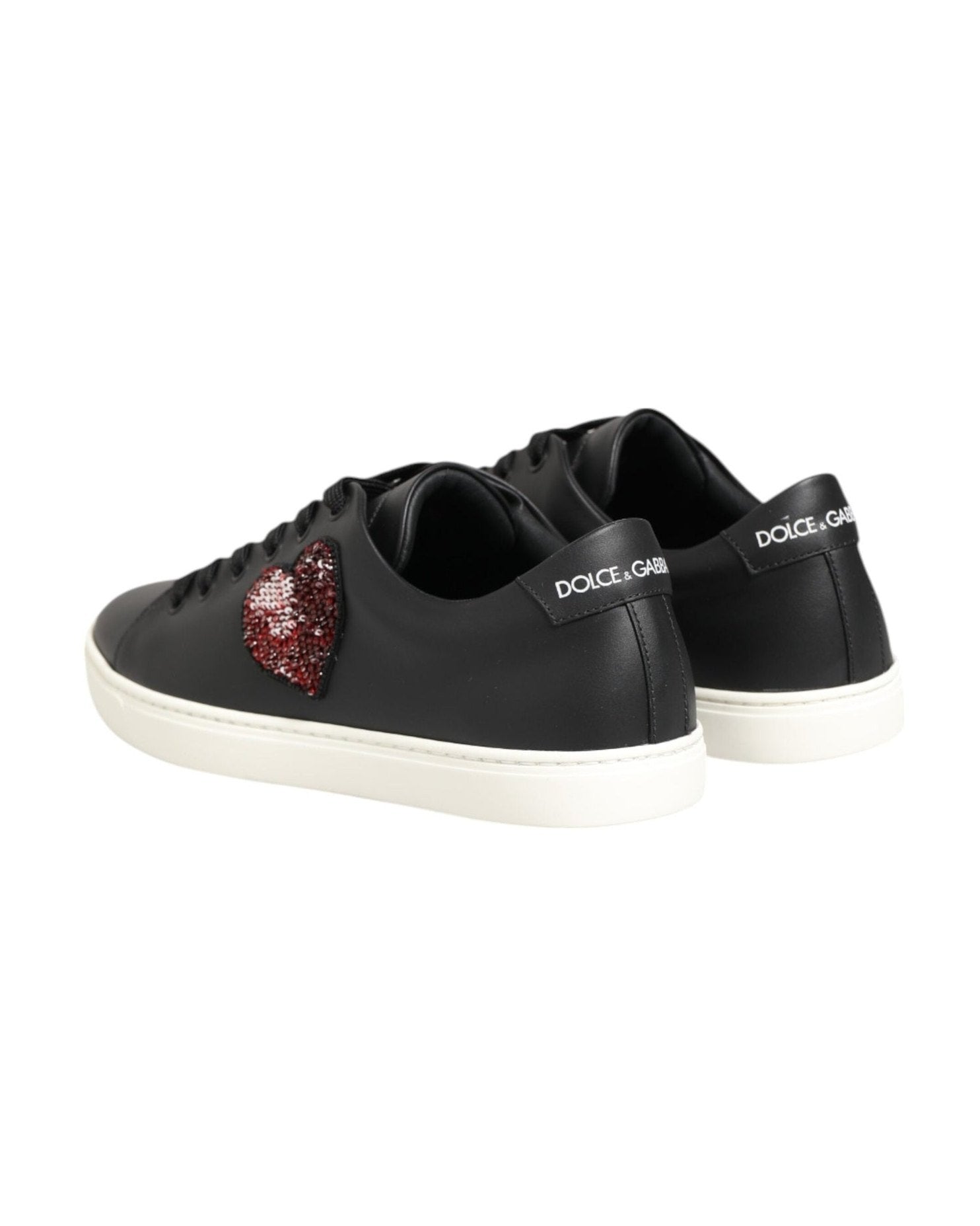 Dolce & Gabbana Black Leather White Crystal Heart Sneakers Shoes Glam Steals