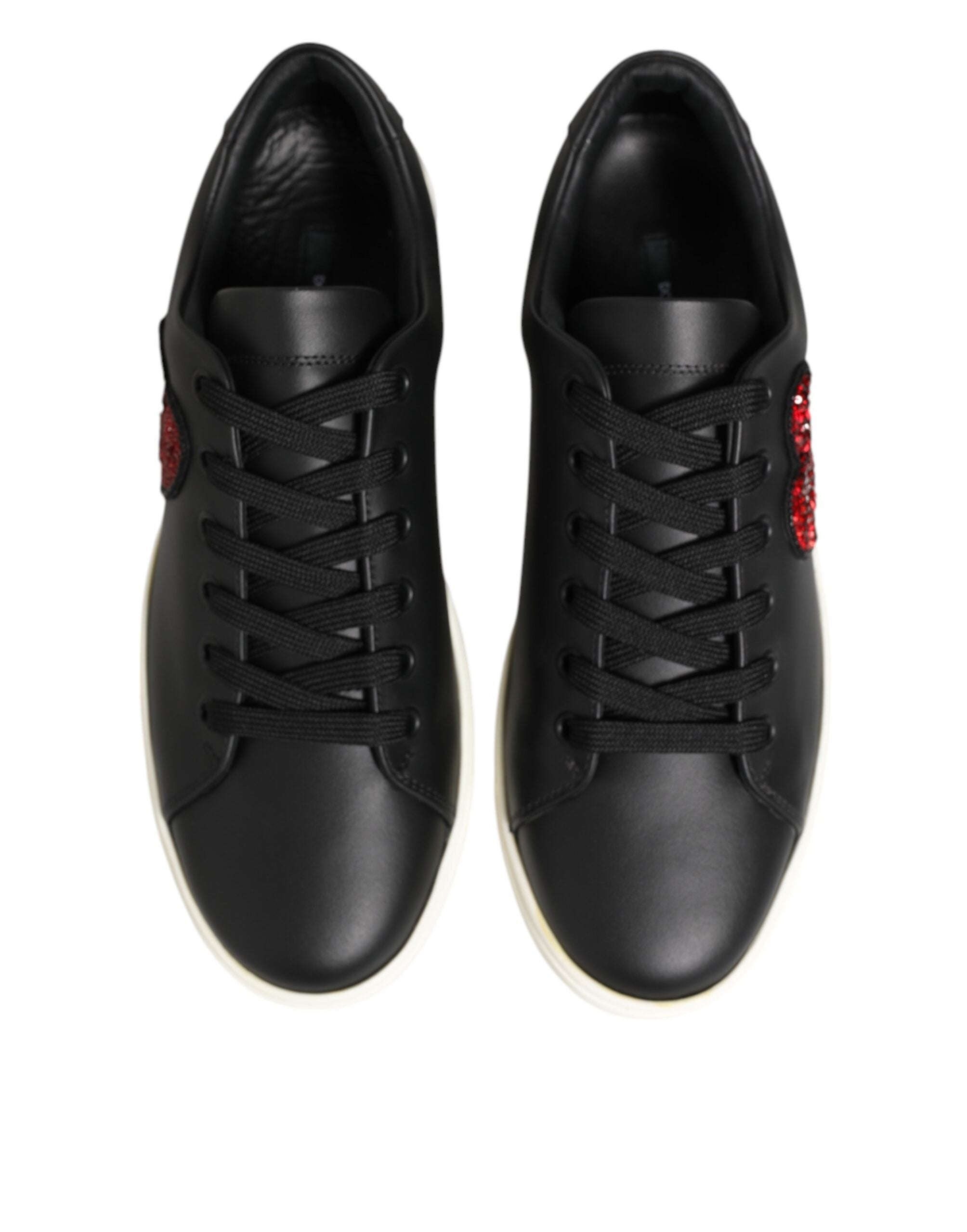 Dolce & Gabbana Black Leather White Crystal Heart Sneakers Shoes Glam Steals