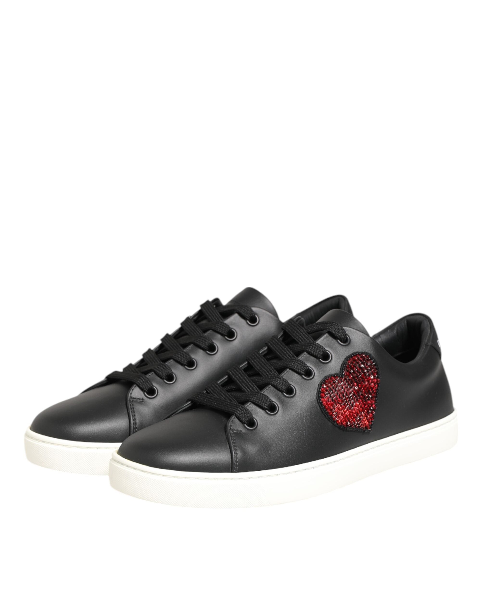 Dolce & Gabbana Black Leather White Crystal Heart Sneakers Shoes Glam Steals