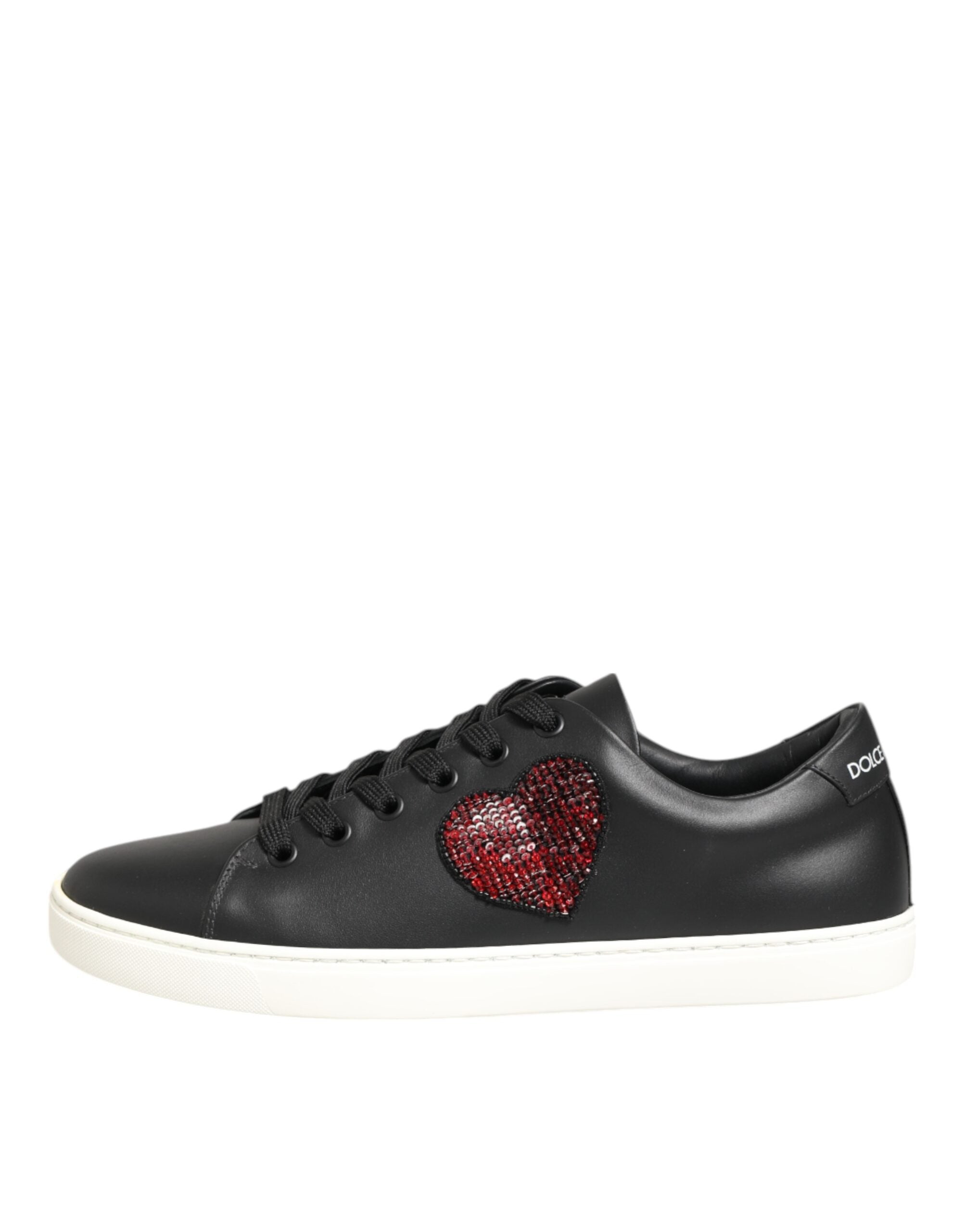 Dolce & Gabbana Black Leather White Crystal Heart Sneakers Shoes Glam Steals
