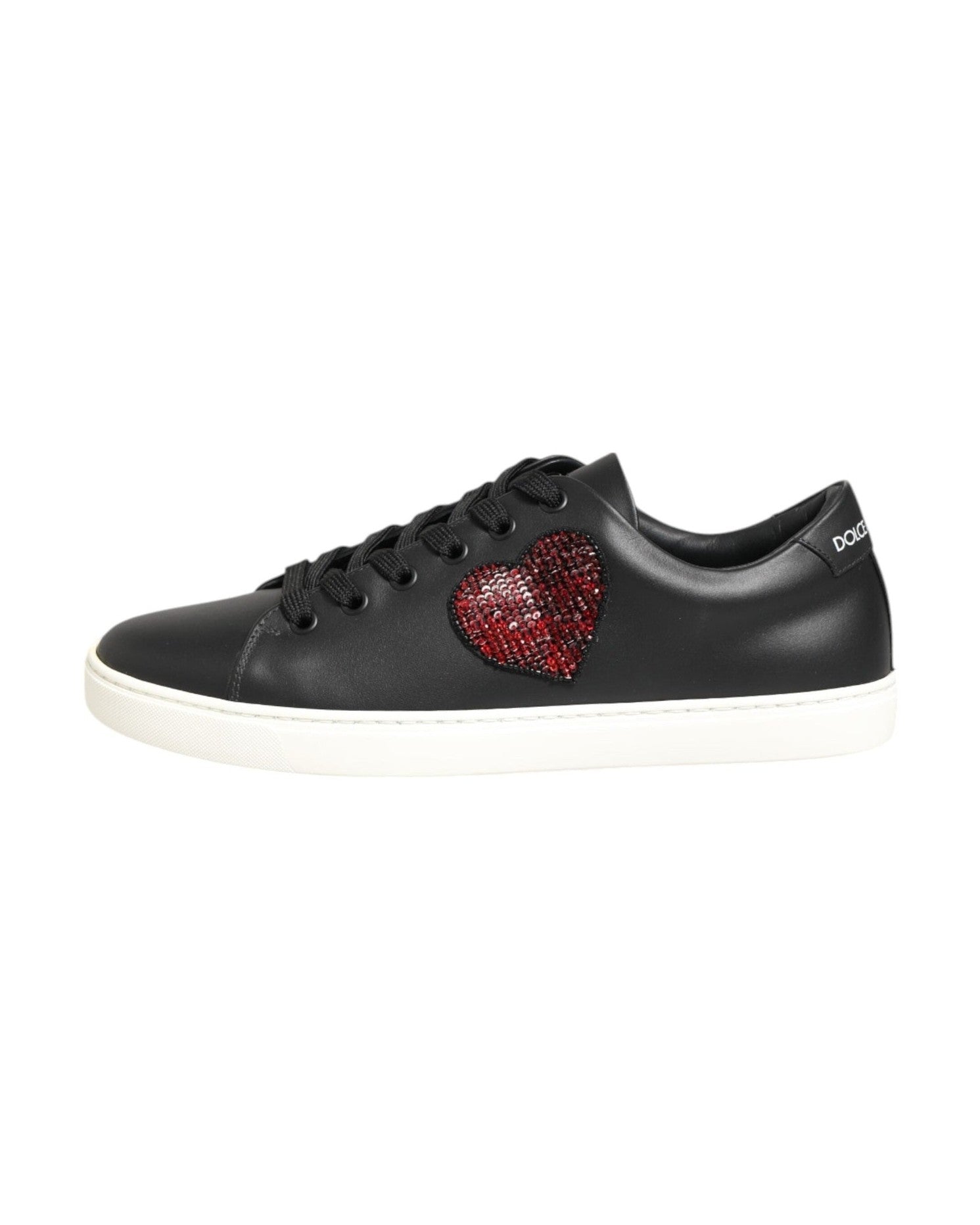 Dolce & Gabbana Black Leather White Crystal Heart Sneakers Shoes Glam Steals
