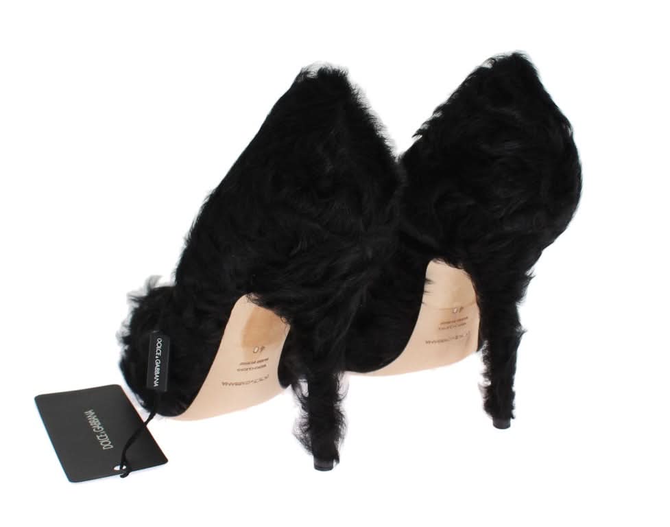 Dolce & Gabbana Black Leather Xiangao Lamb Fur Pumps Heels
