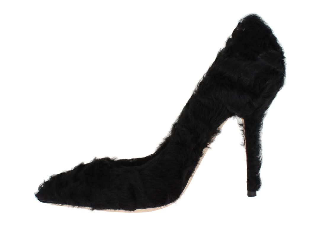 Dolce & Gabbana Black Leather Xiangao Lamb Fur Pumps Heels