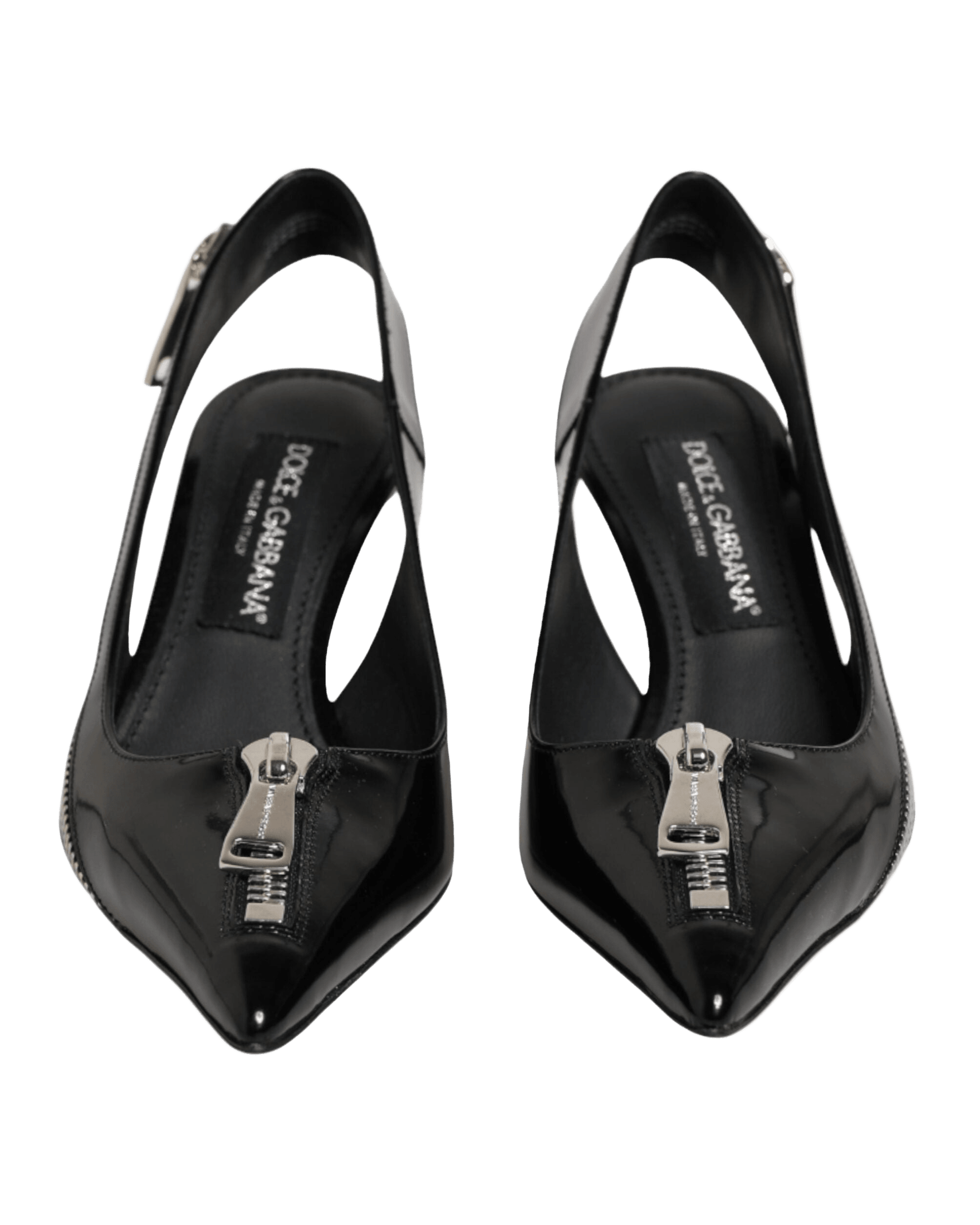 Dolce & Gabbana Black Leather Zipper Heels Slingbacks Shoes Heels