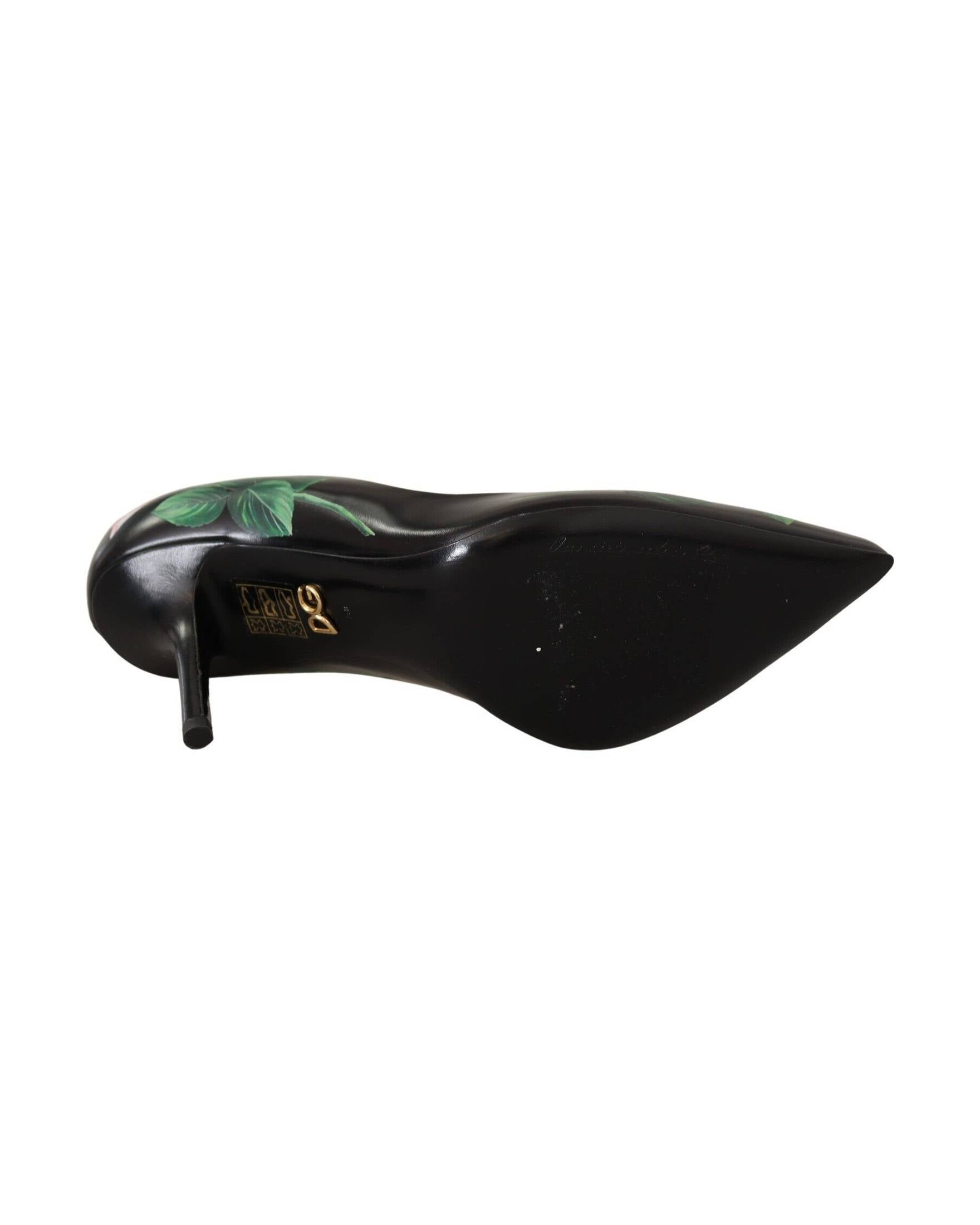 Dolce & Gabbana Black Leather and Roses High Heels Pumps Shoes Glam Steals
