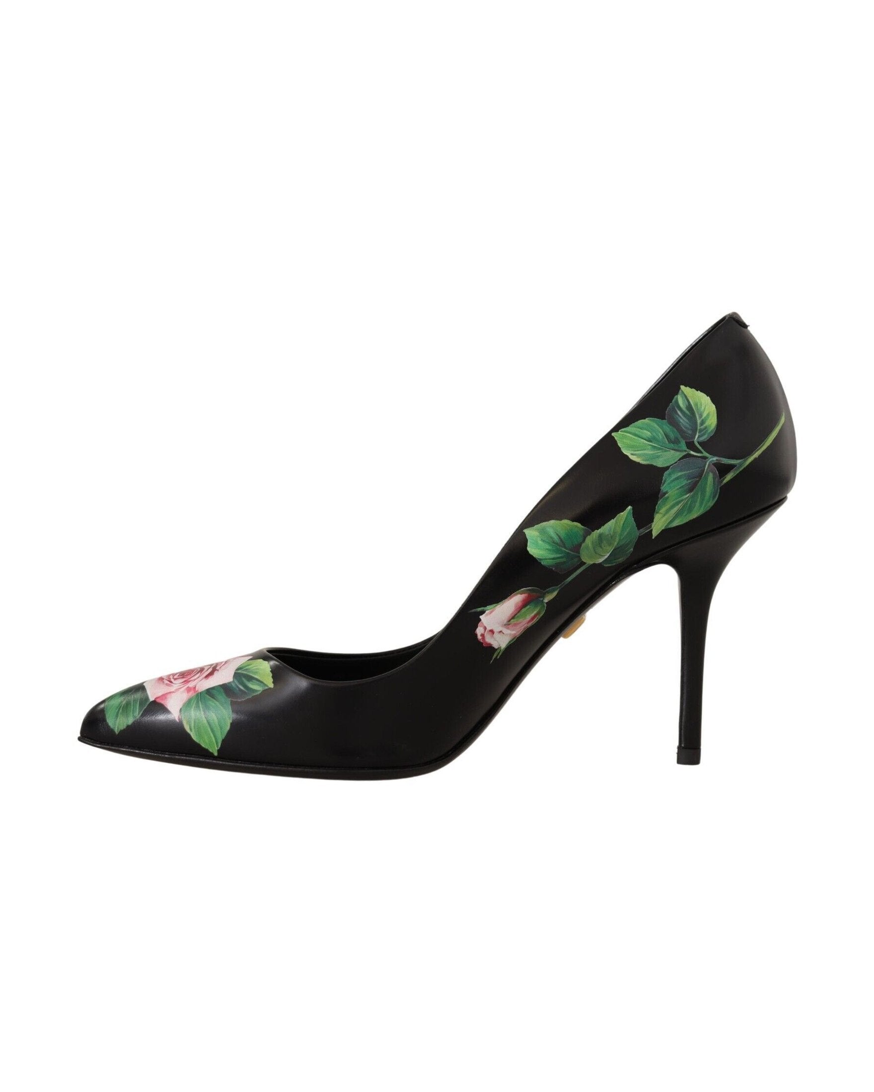 Dolce & Gabbana Black Leather and Roses High Heels Pumps Shoes Glam Steals