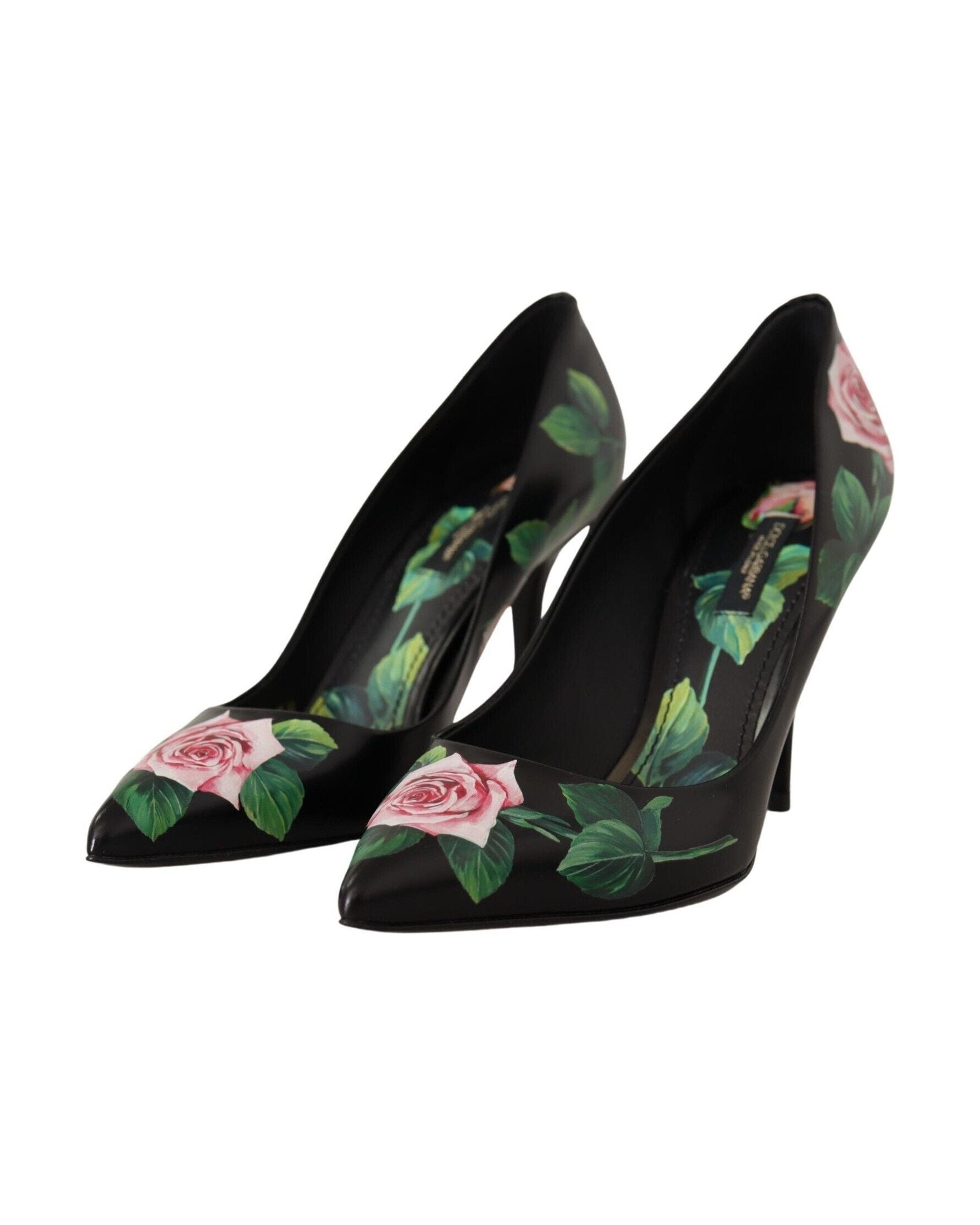 Dolce & Gabbana Black Leather and Roses High Heels Pumps Shoes Glam Steals