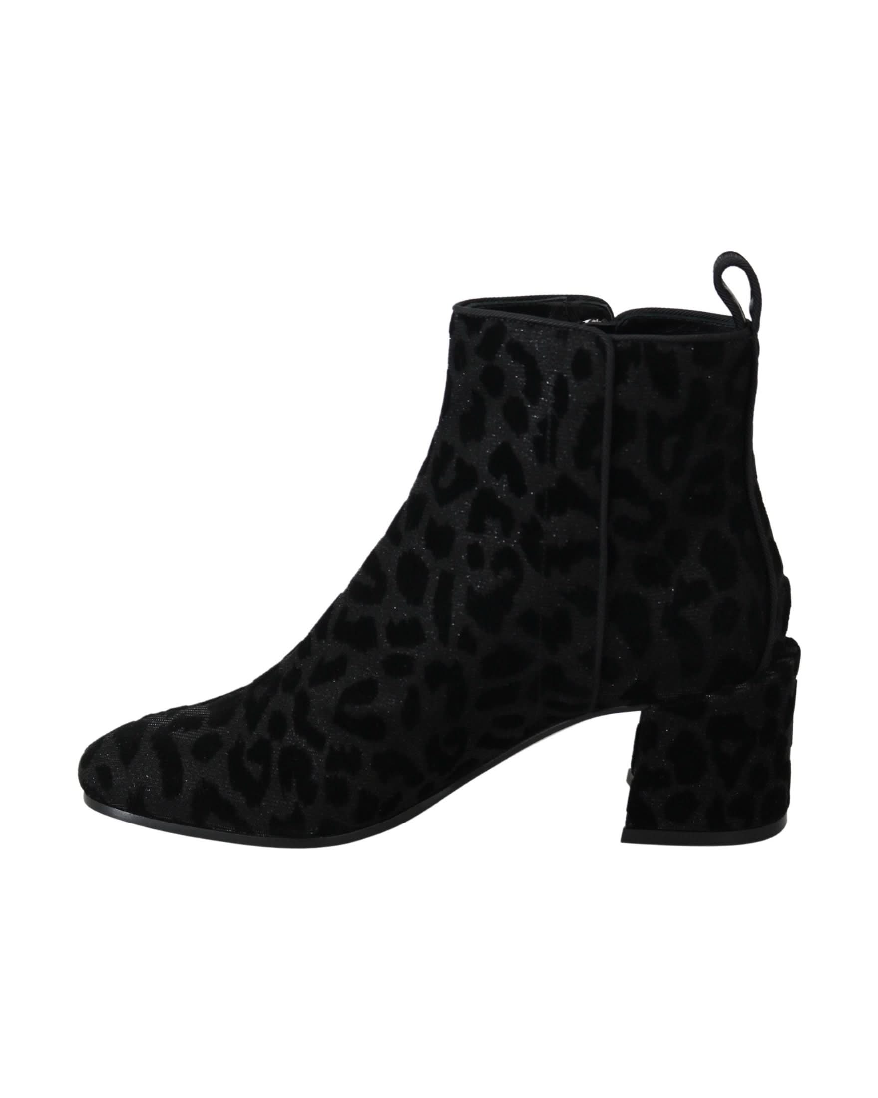 Dolce & Gabbana Black Leopard Short Boots Zipper Shoes Boots