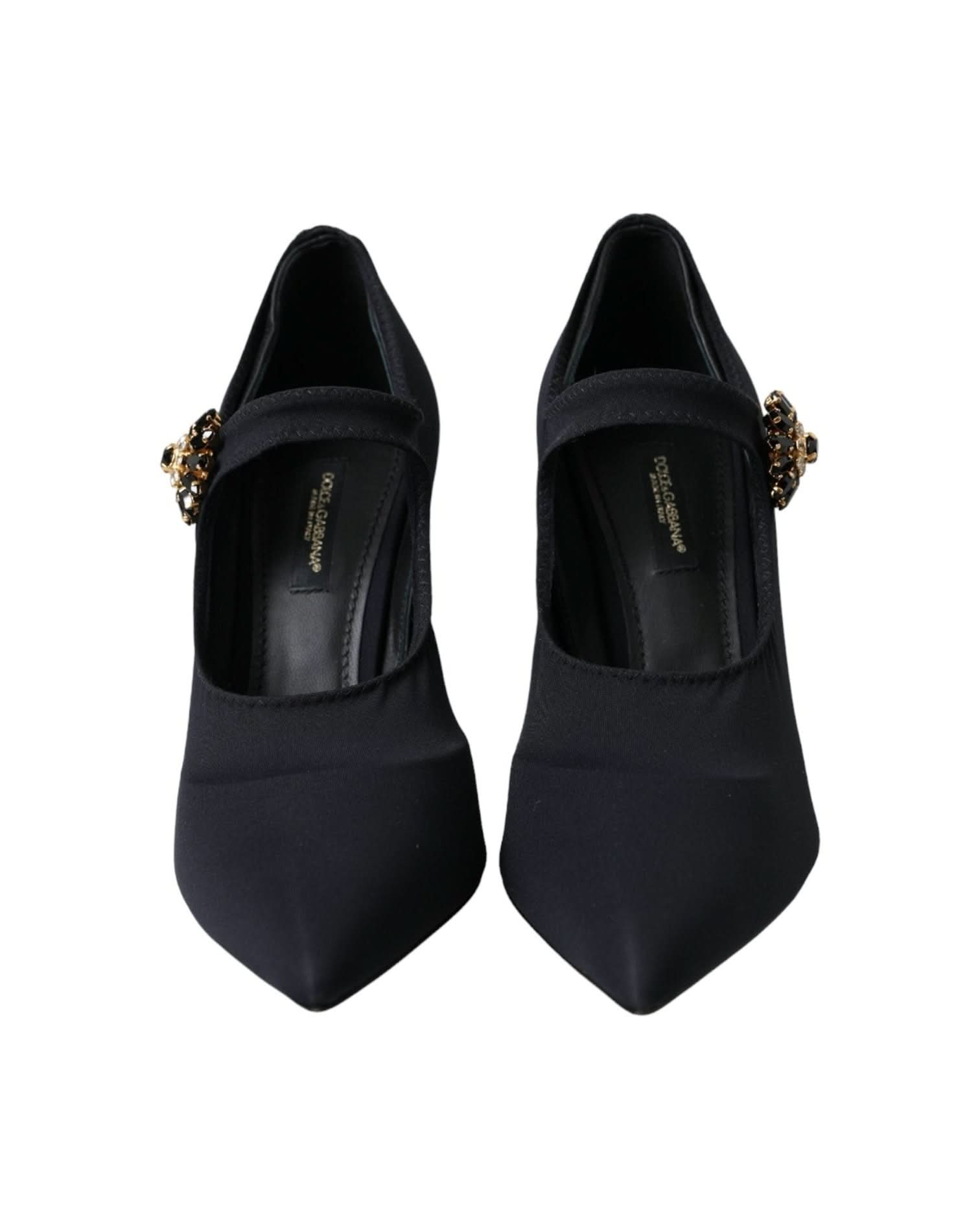 Dolce & Gabbana Black Mary Jane Jersey Crystal Pumps Shoes Heels