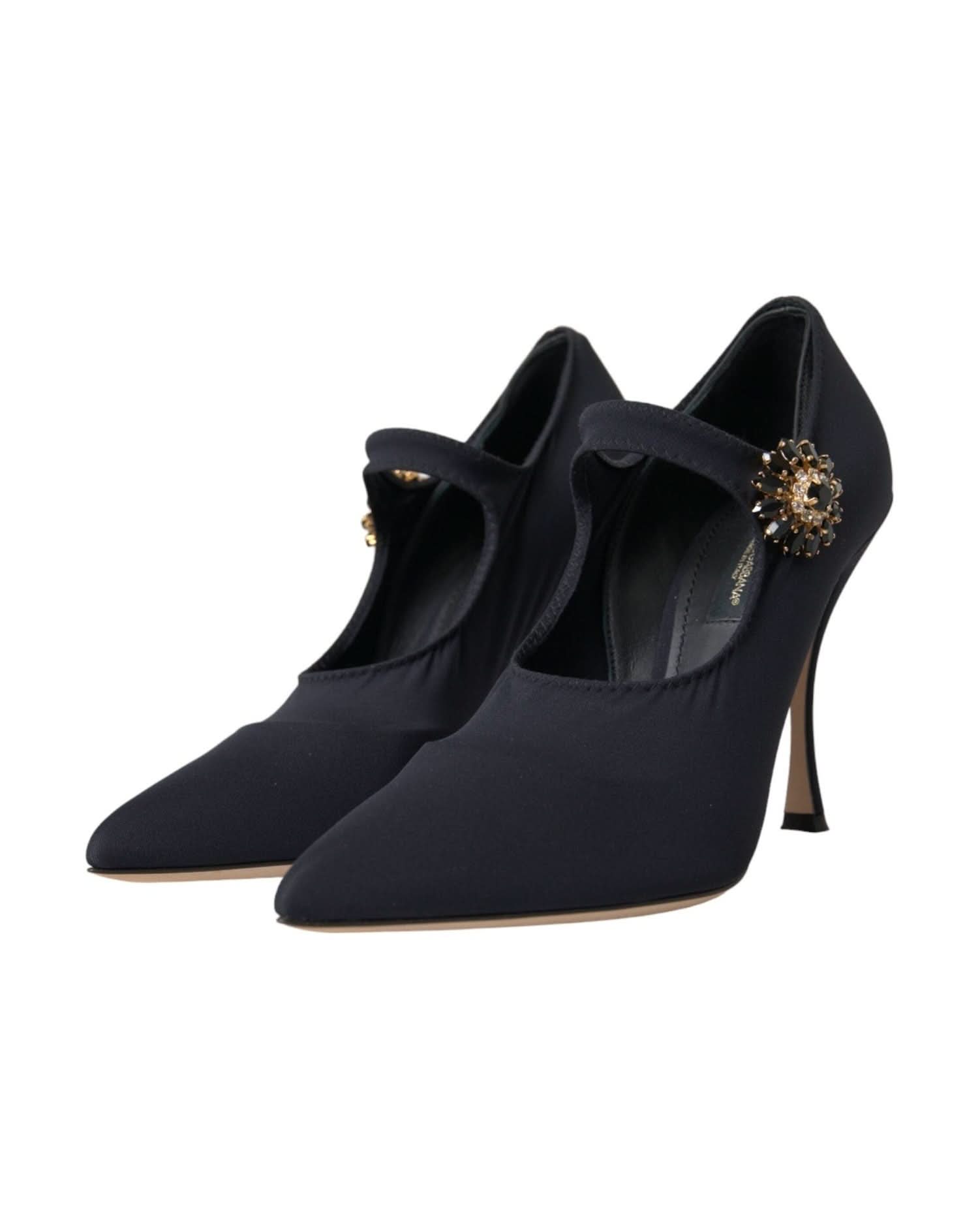 Dolce & Gabbana Black Mary Jane Jersey Crystal Pumps Shoes Heels