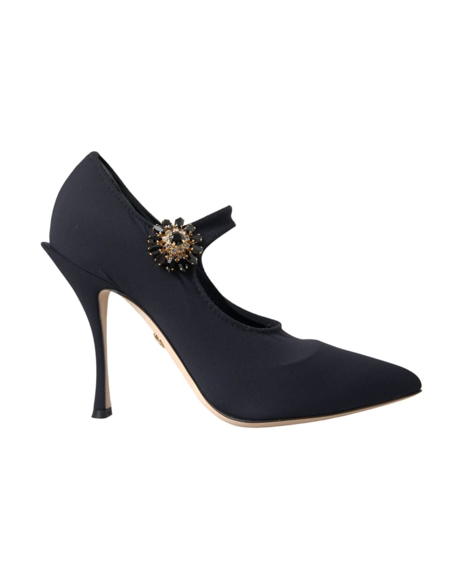 Dolce & Gabbana Black Mary Jane Jersey Crystal Pumps Shoes Heels