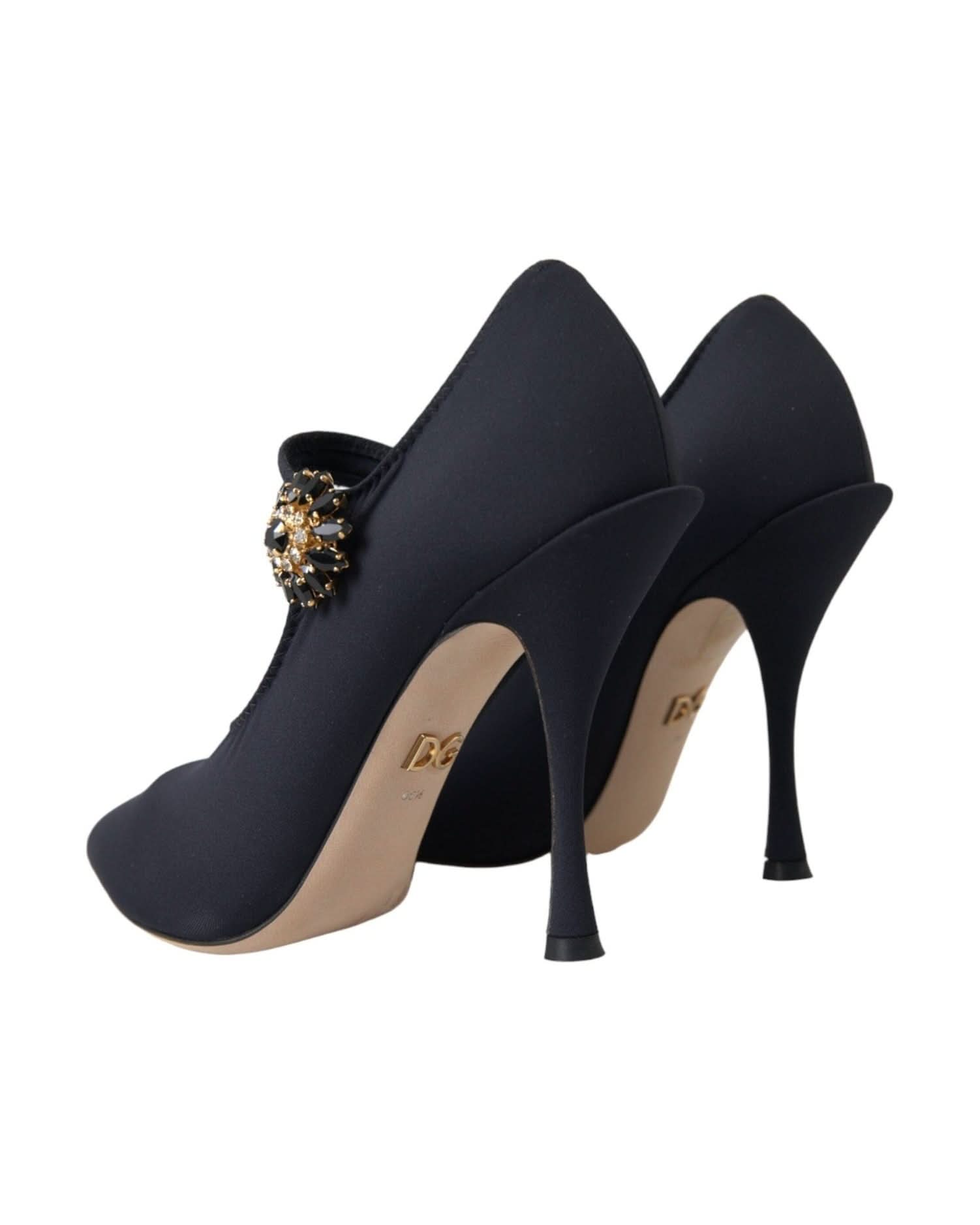 Dolce & Gabbana Black Mary Jane Jersey Crystal Pumps Shoes Heels