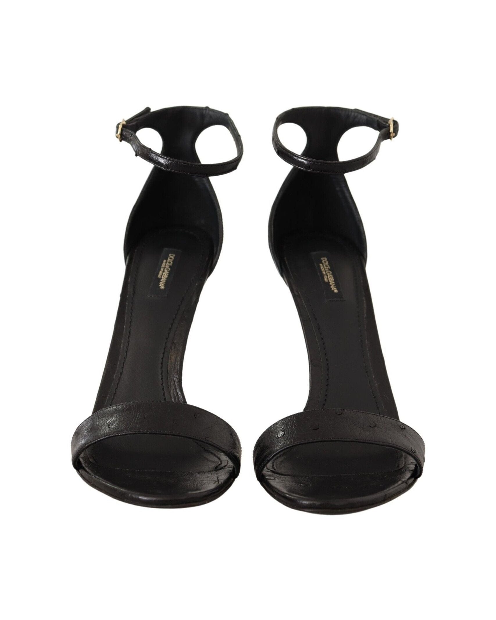 Dolce & Gabbana Black Ostrich Ankle Strap Heels Sandals Shoes Heels