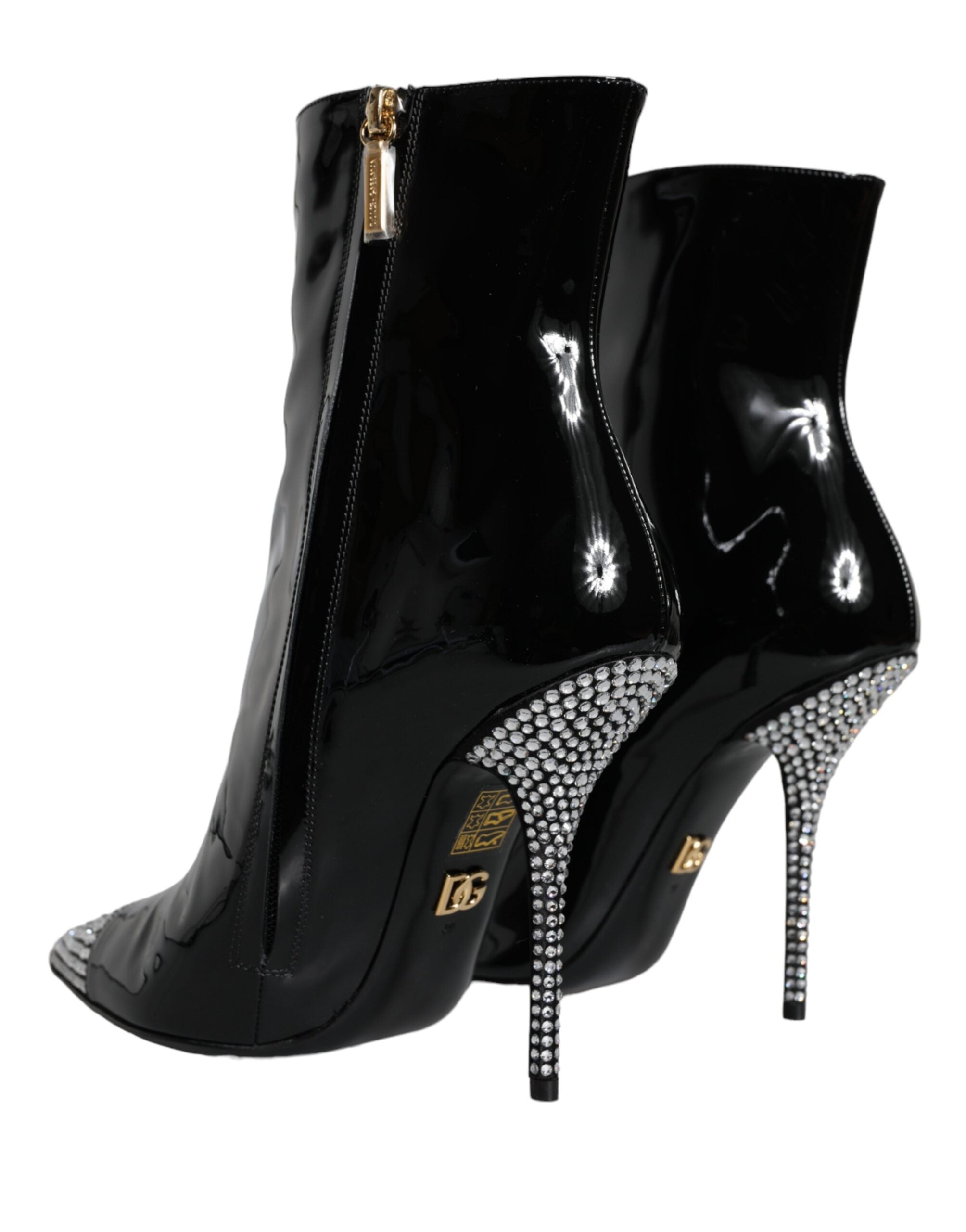 Dolce & Gabbana Black Patent Leather Crystal Heel Boots Shoes Glam Steals