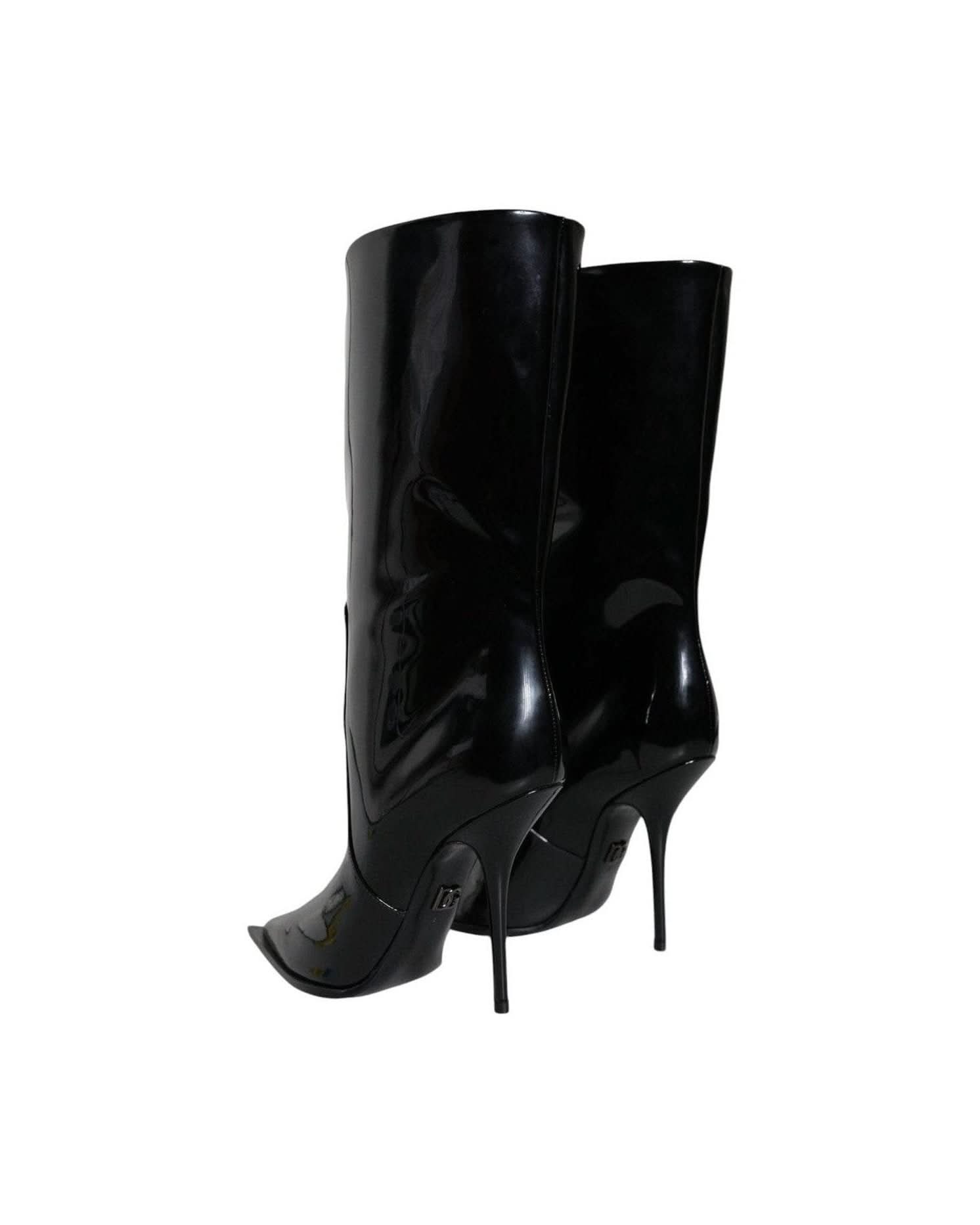 Dolce & Gabbana Black Patent Leather Mid Calf Boots Shoes Boots