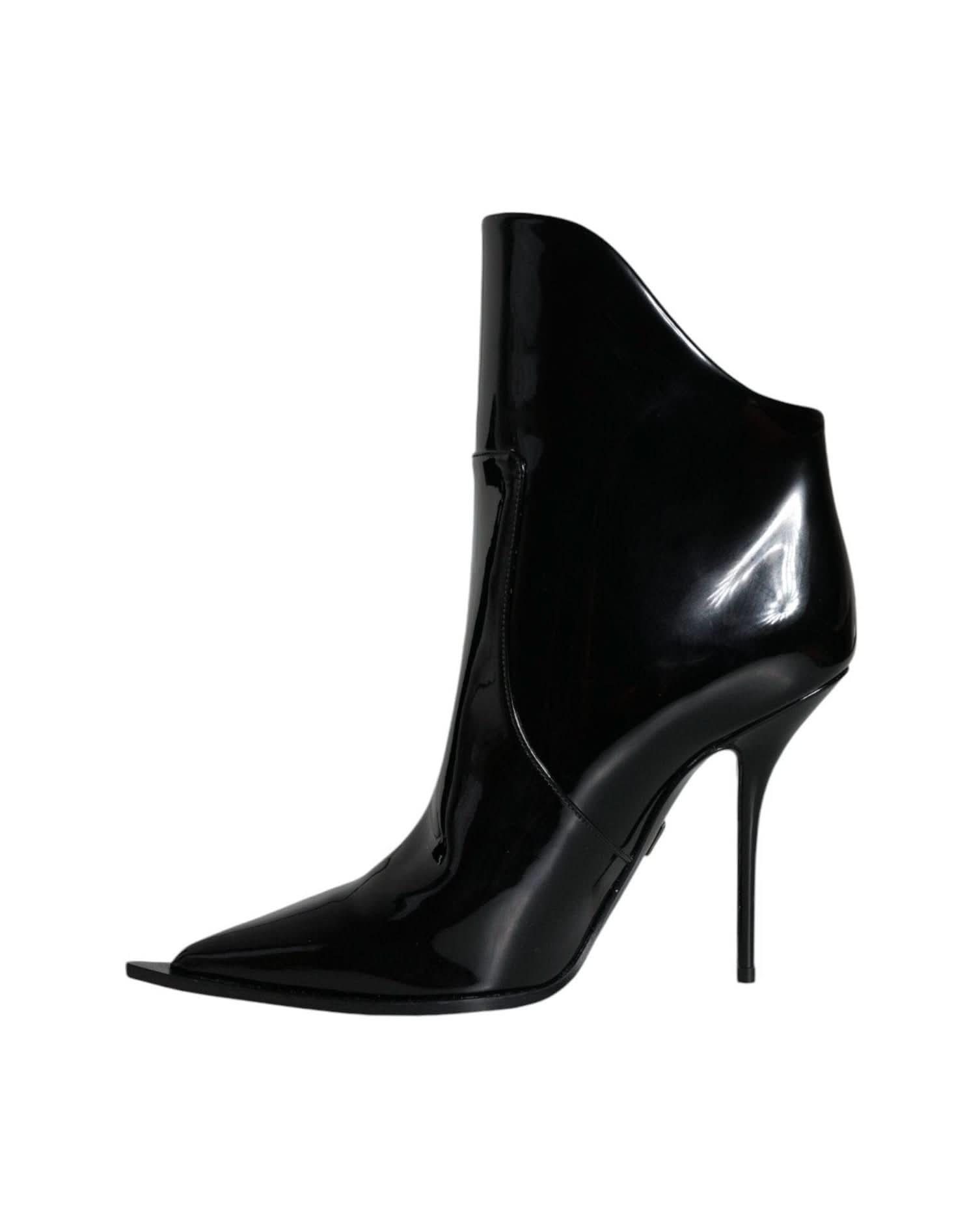 Dolce & Gabbana Black Patent Leather Pointed Ankle Boots Shoes Boots
