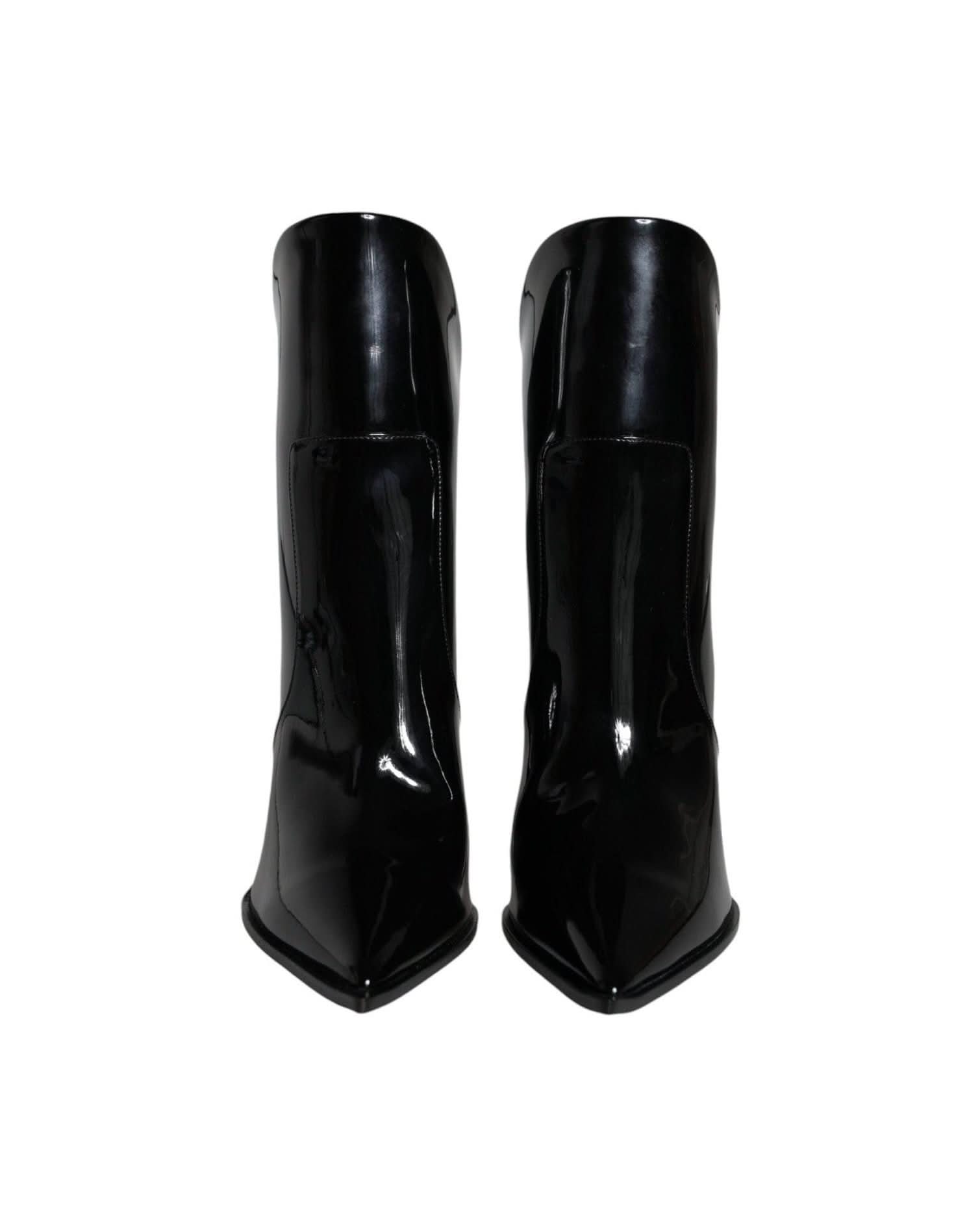Dolce & Gabbana Black Patent Leather Pointed Ankle Boots Shoes Boots