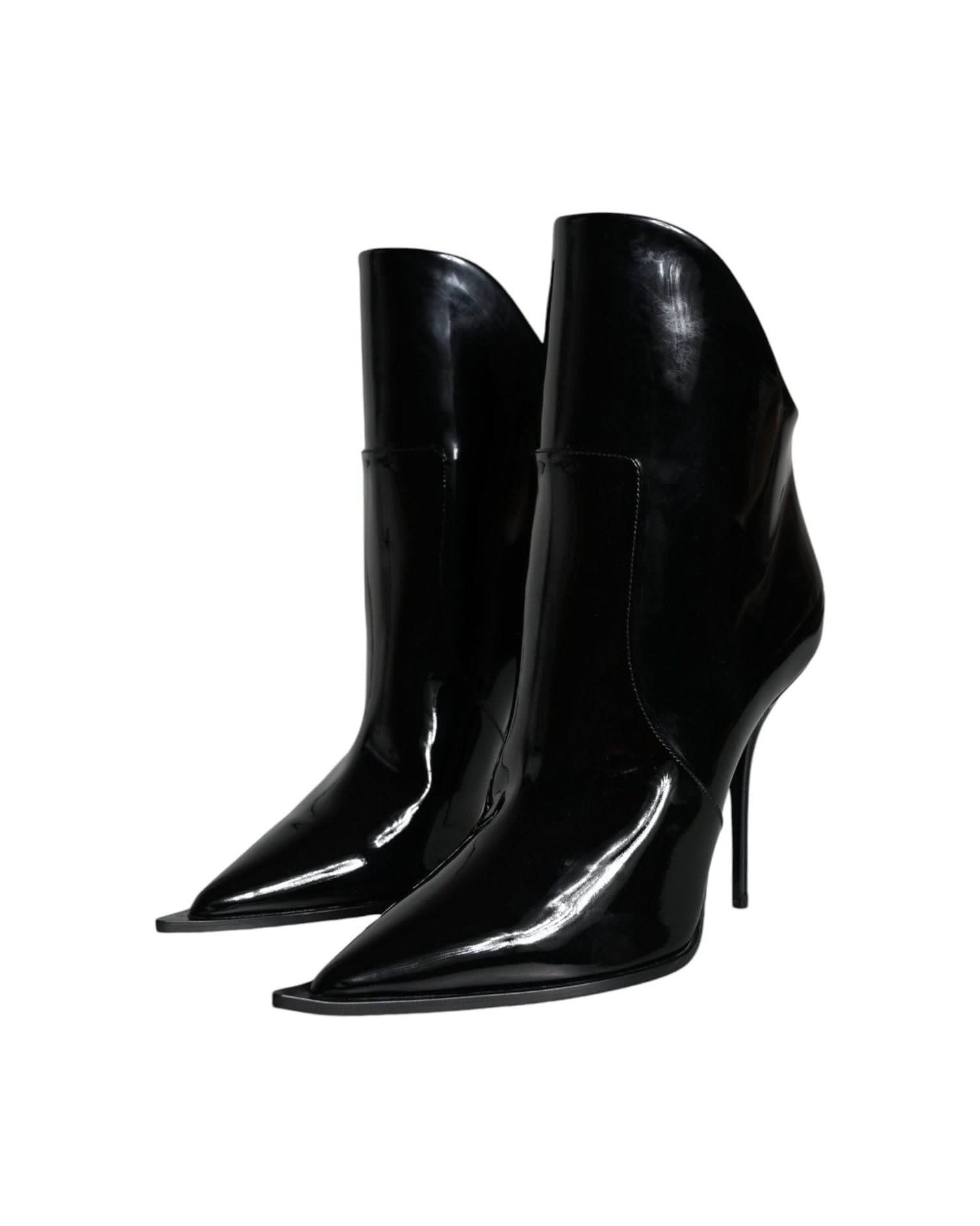 Dolce & Gabbana Black Patent Leather Pointed Ankle Boots Shoes Boots
