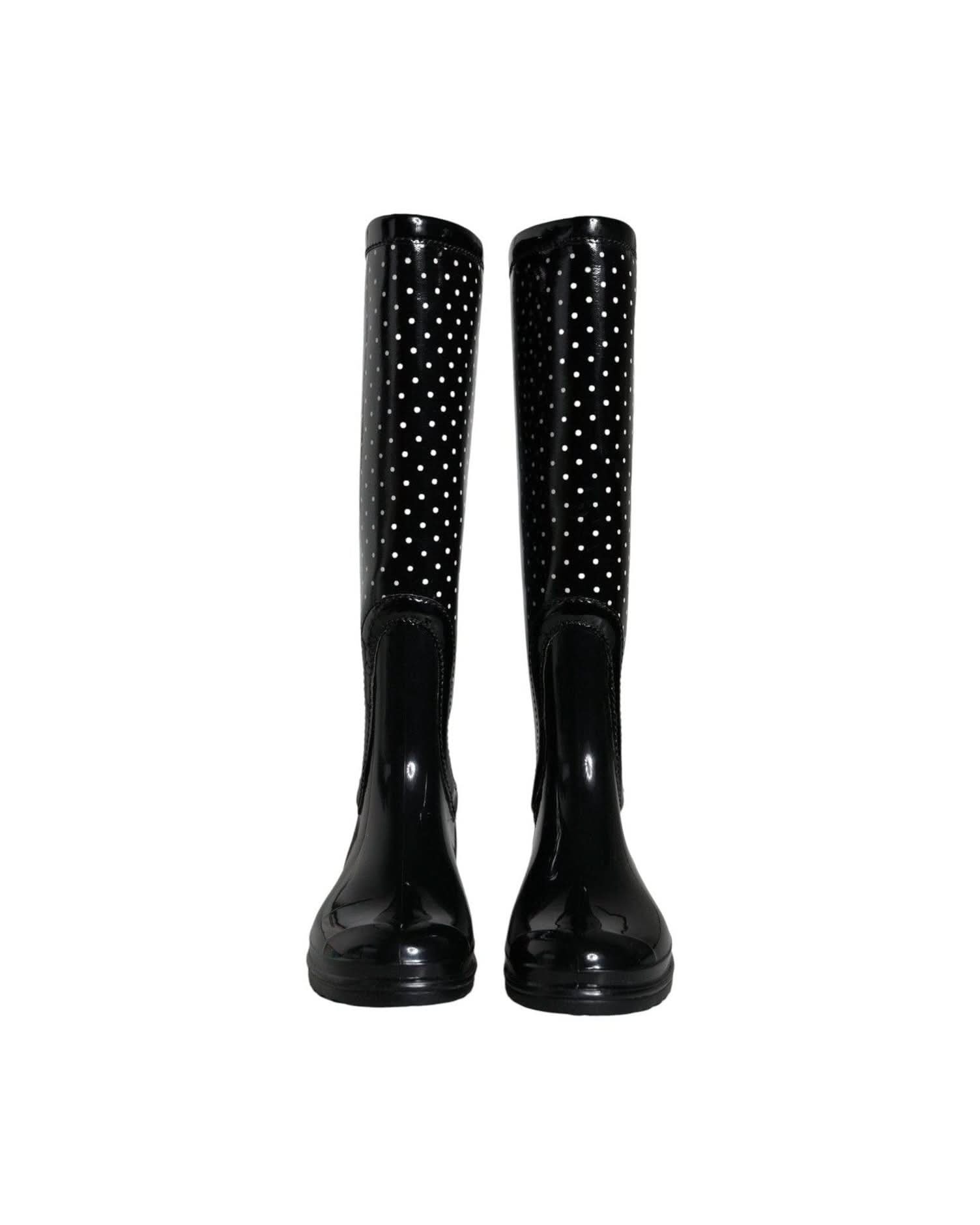Dolce & Gabbana Black Polka Dot Rubber Knee High Boots Shoes Boots