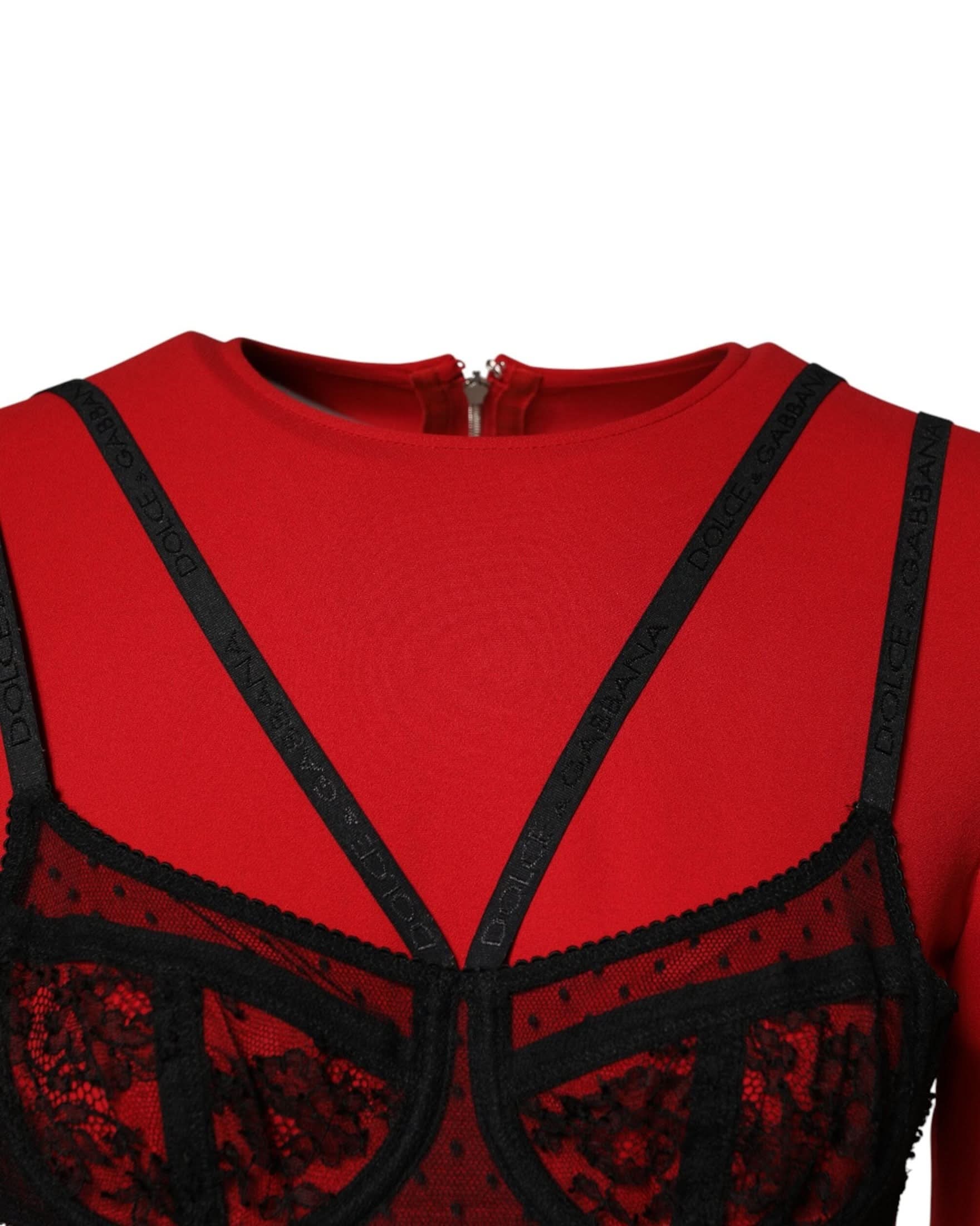 Dolce & Gabbana Black Red Contrasting Bra Cady Midi Dress Dresses