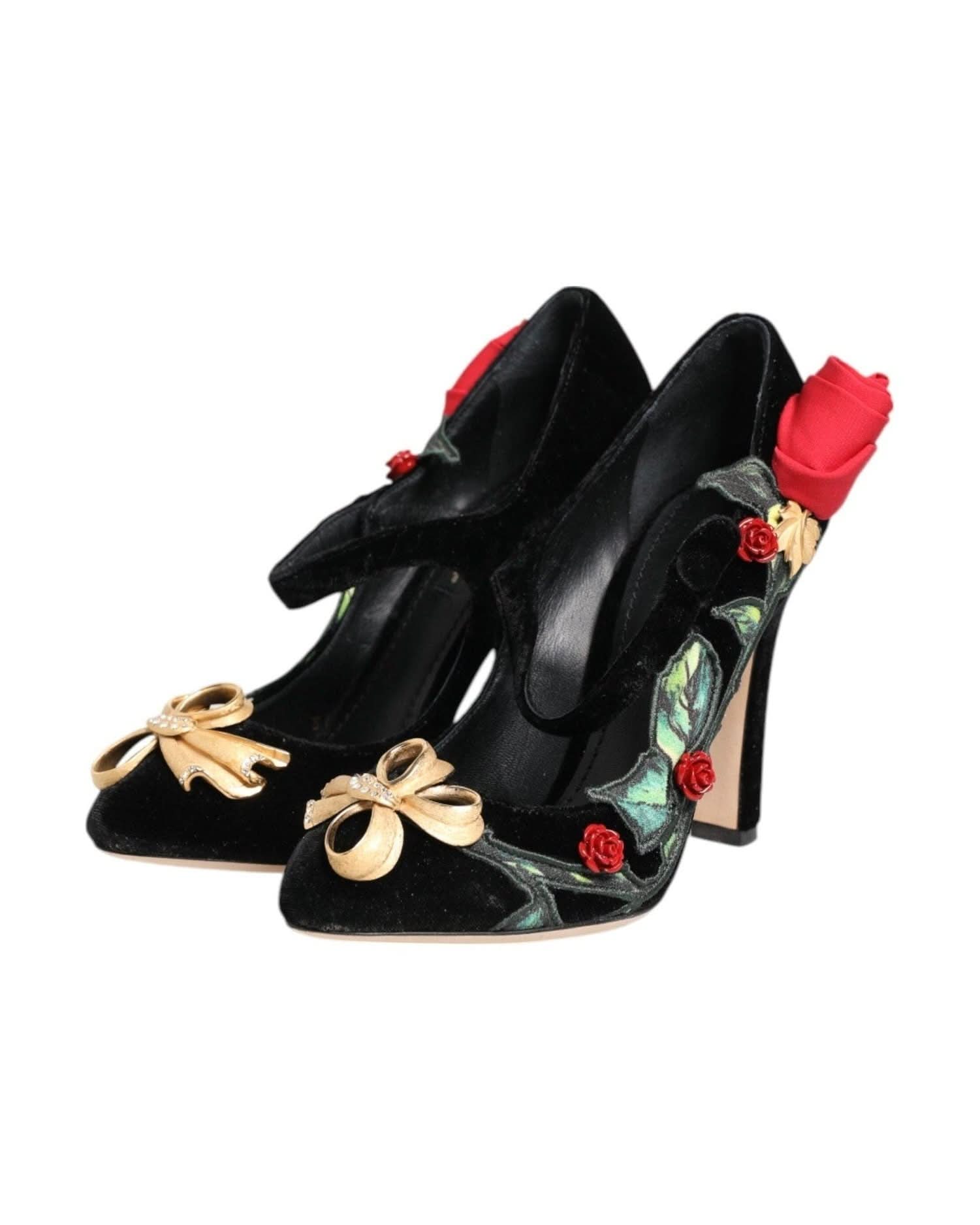 Dolce & Gabbana Black Roses Crystal Brooch Mary Jane Shoes Heels