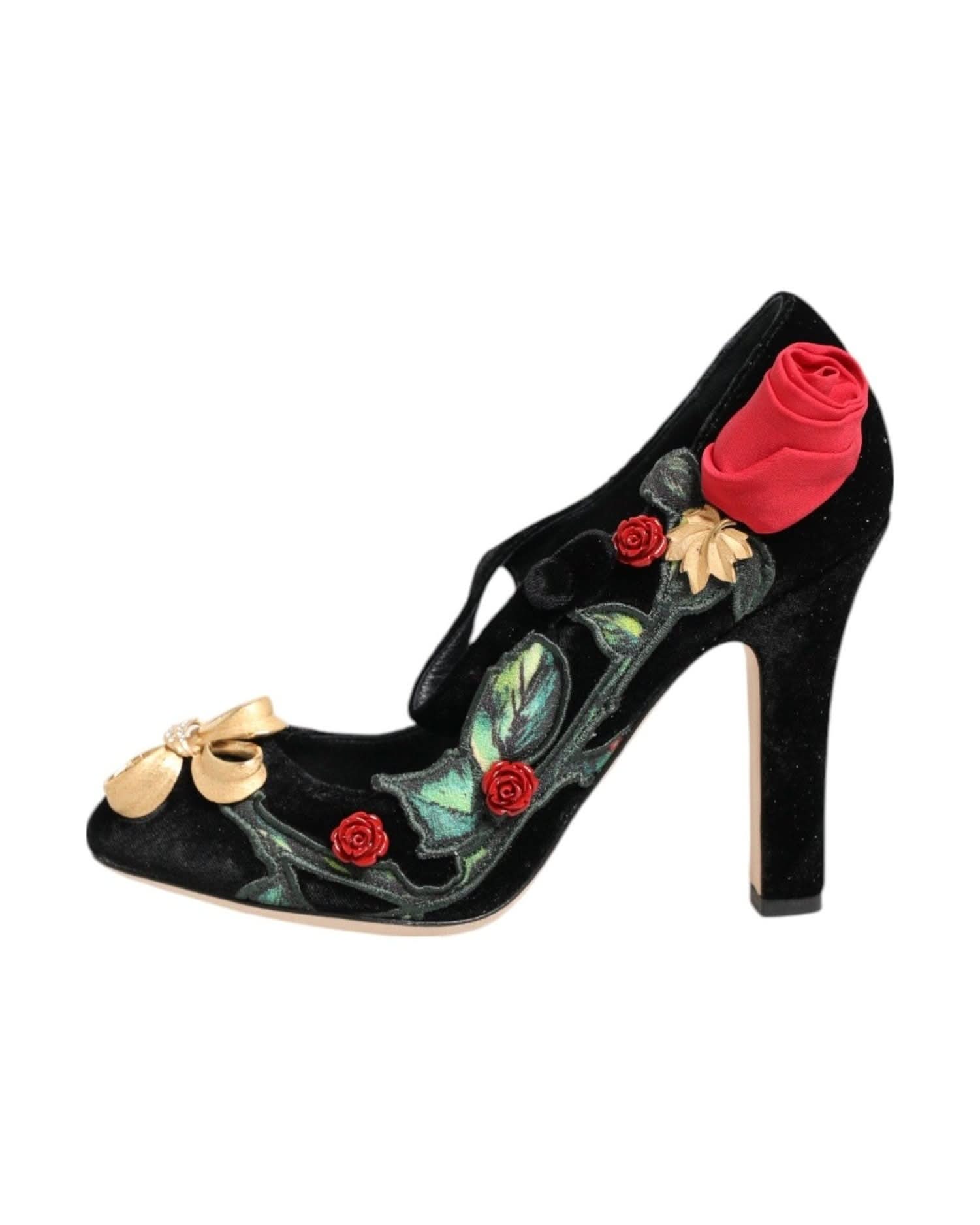Dolce & Gabbana Black Roses Crystal Brooch Mary Jane Shoes Heels