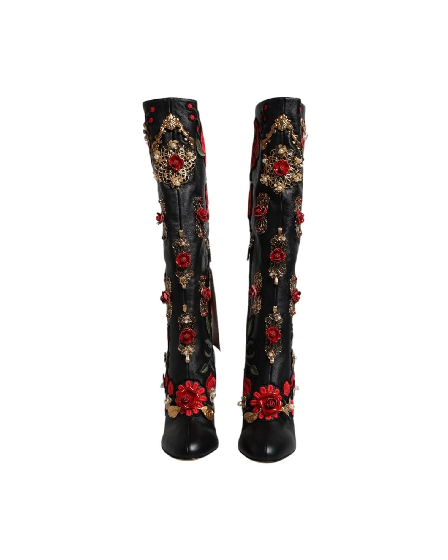 Dolce & Gabbana Black Roses Embellished Leather Heel Boots Shoes Boots