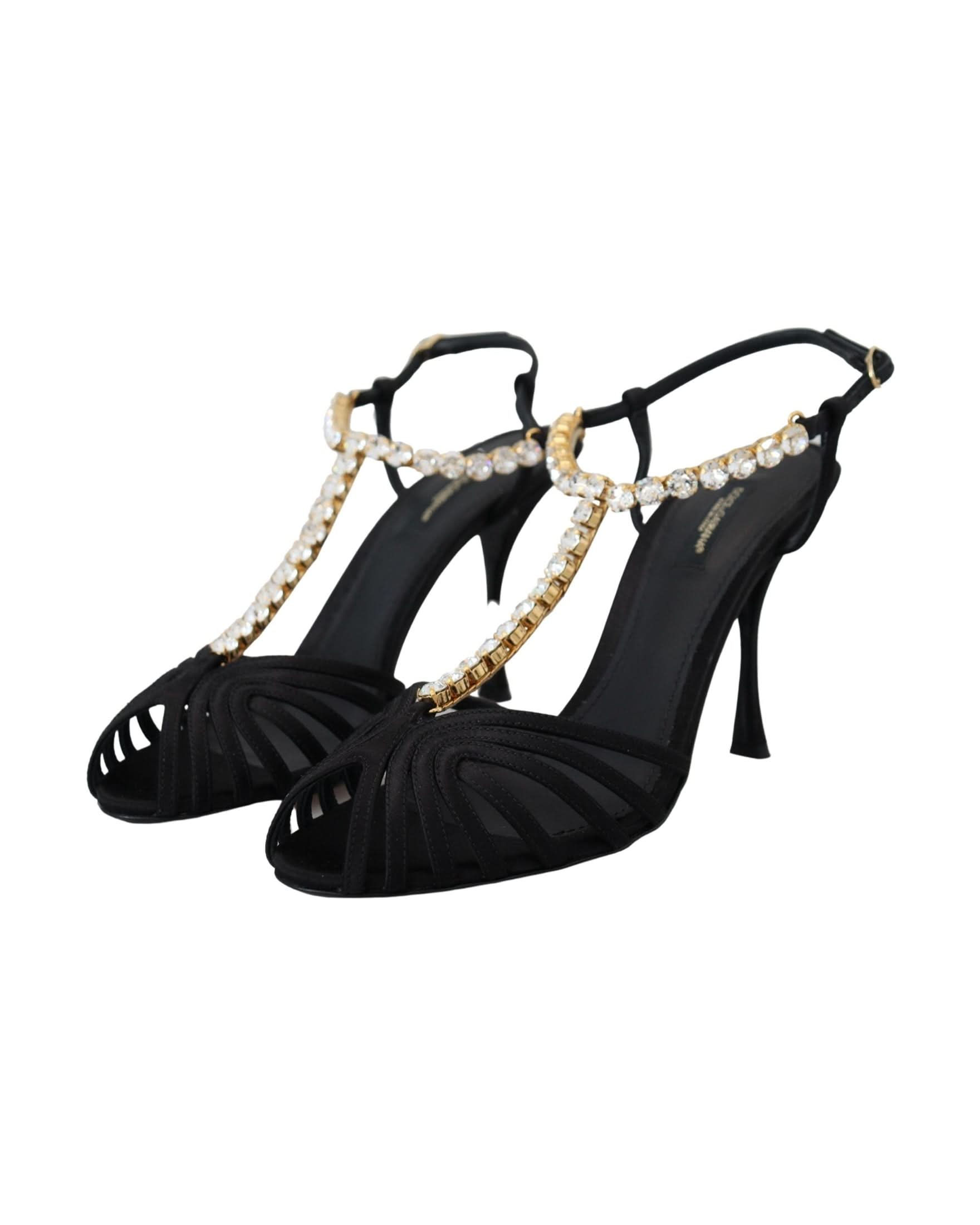 Dolce & Gabbana Black Satin Clear Crystal T Strap Sandals Heels