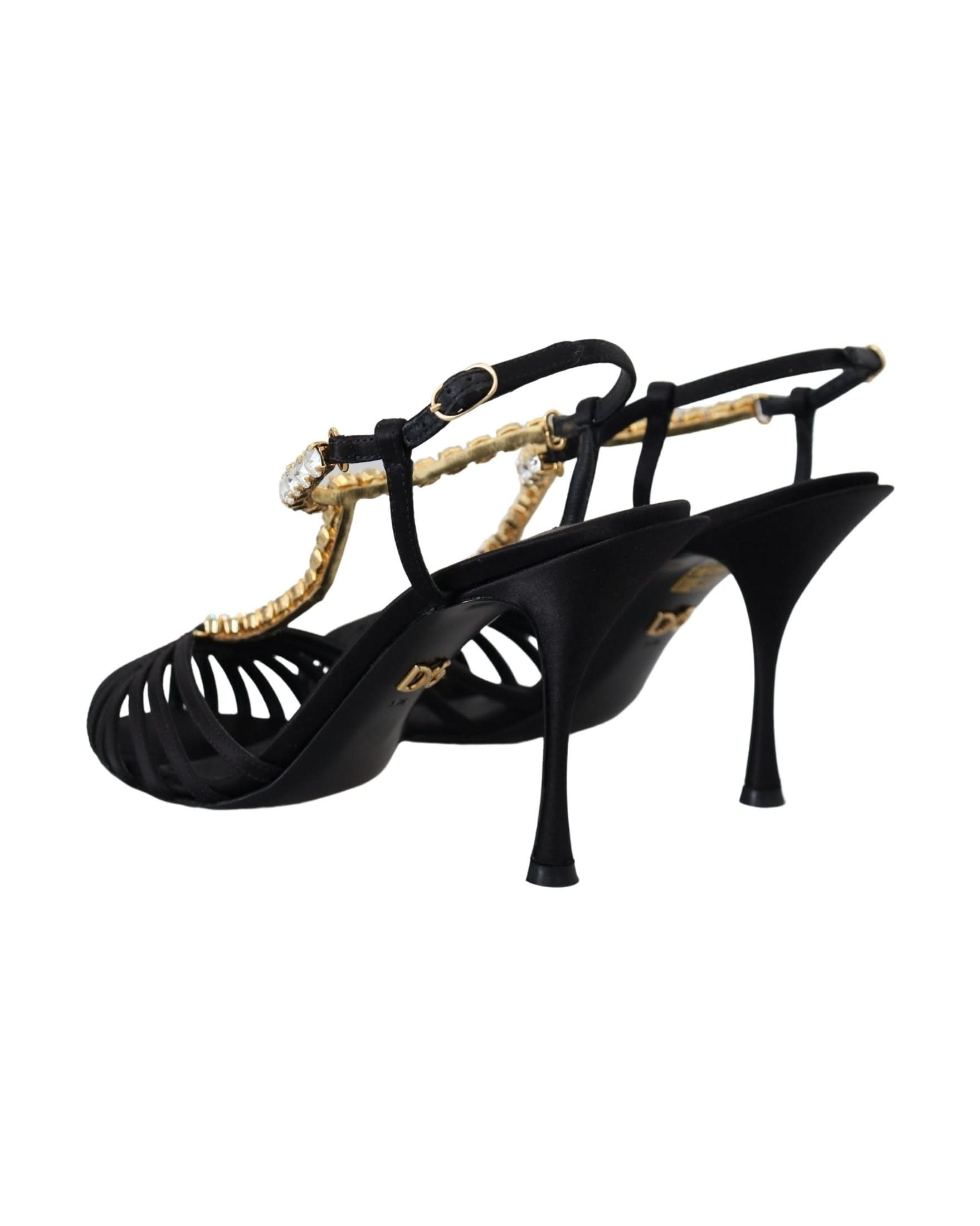 Dolce & Gabbana Black Satin Clear Crystal T Strap Sandals Heels