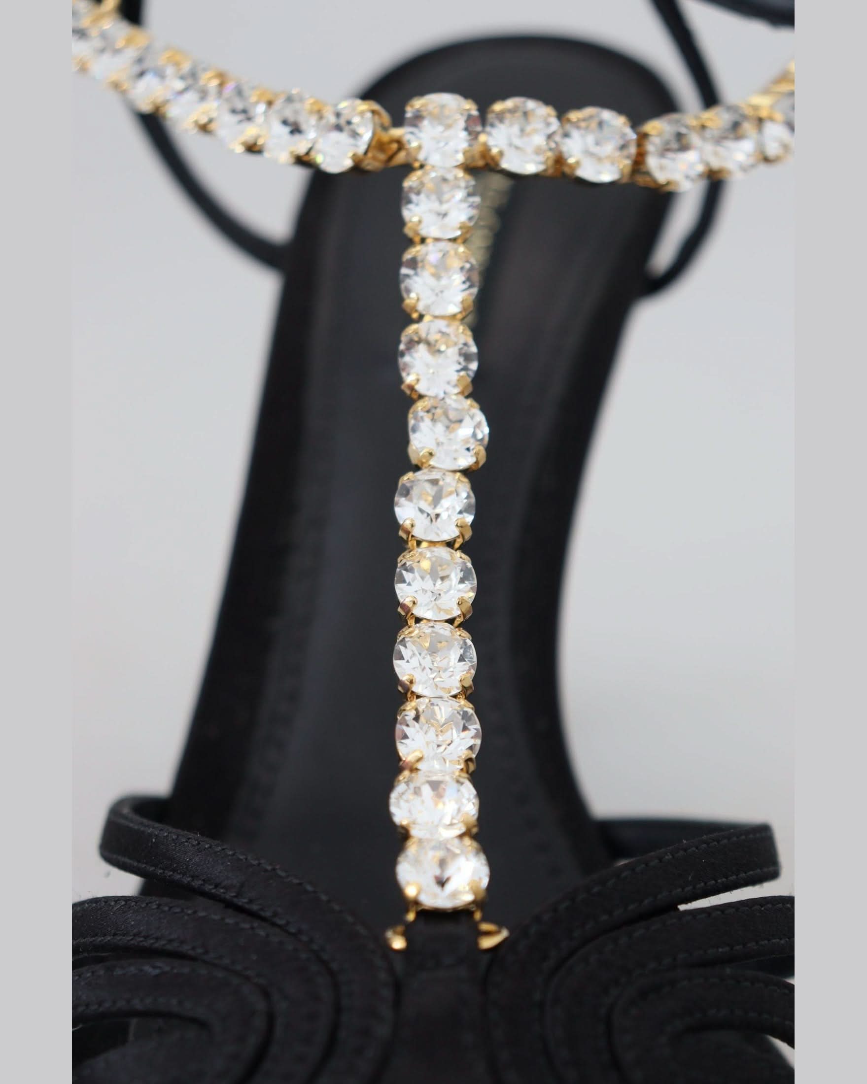 Dolce & Gabbana Black Satin Clear Crystal T Strap Sandals Heels