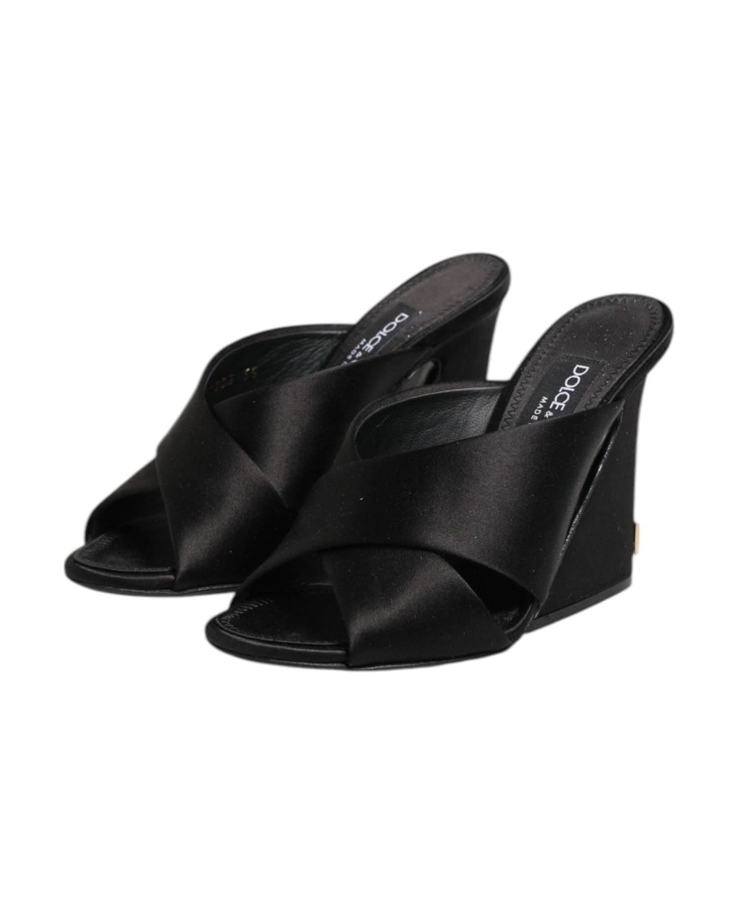 Dolce & Gabbana Black Satin Logo Keira Slides Sandals Shoes Heels