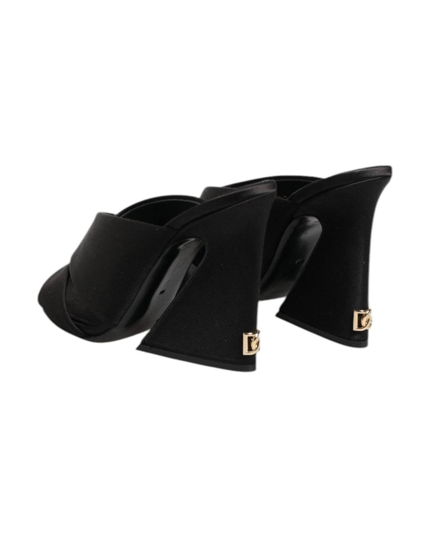 Dolce & Gabbana Black Satin Logo Keira Slides Sandals Shoes Heels