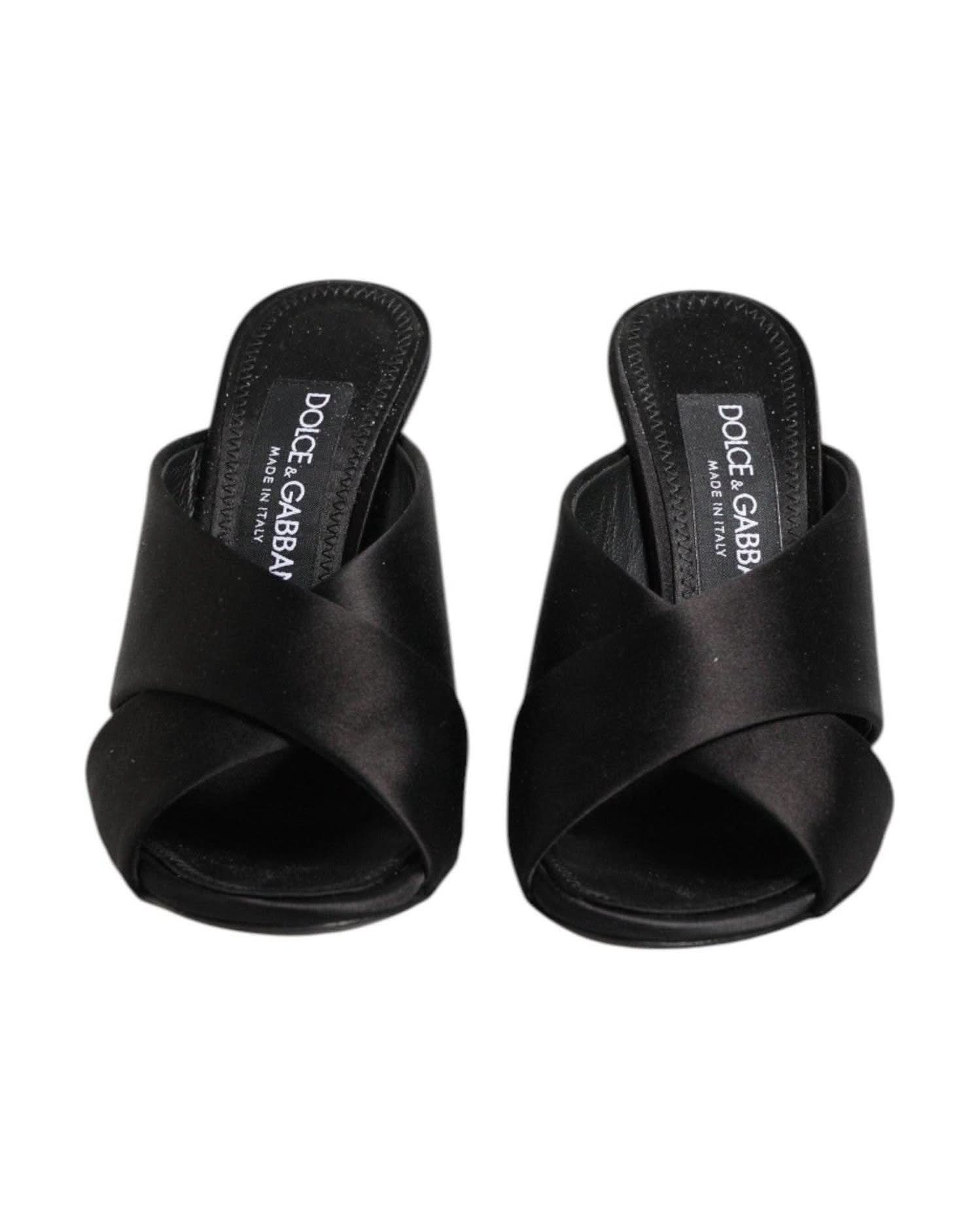 Dolce & Gabbana Black Satin Logo Keira Slides Sandals Shoes Heels