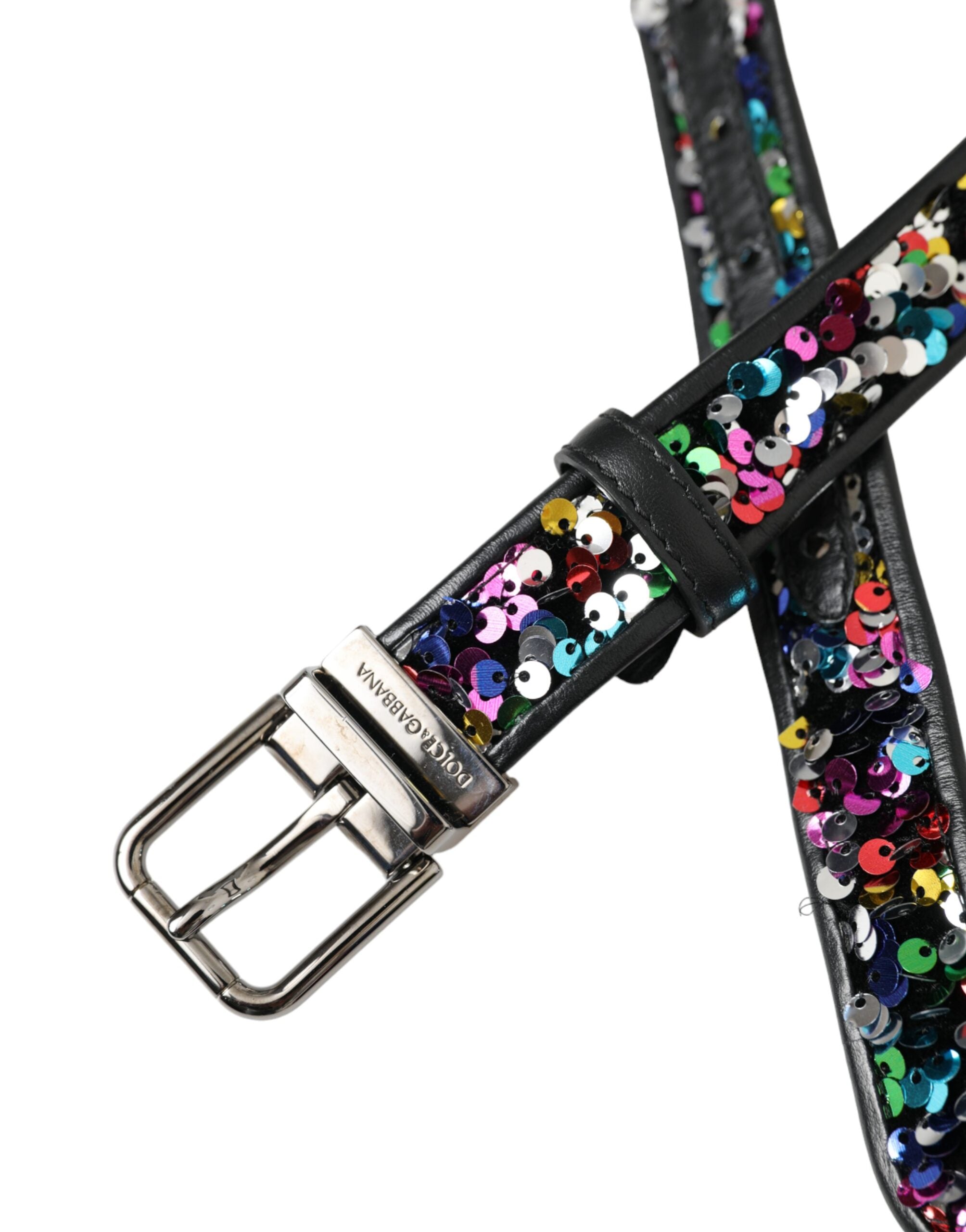 Dolce & Gabbana Black Sequined Silver Metal Buckle Belt Glam Steals
