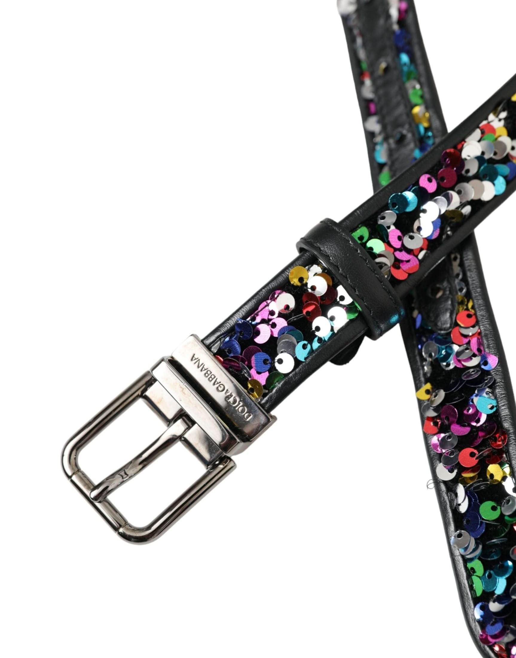 Dolce & Gabbana Black Sequined Silver Metal Buckle Belt Belts