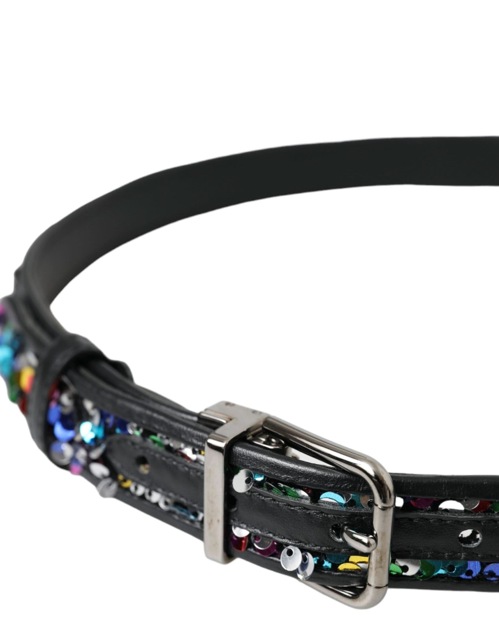 Dolce & Gabbana Black Sequined Silver Metal Buckle Belt Belts