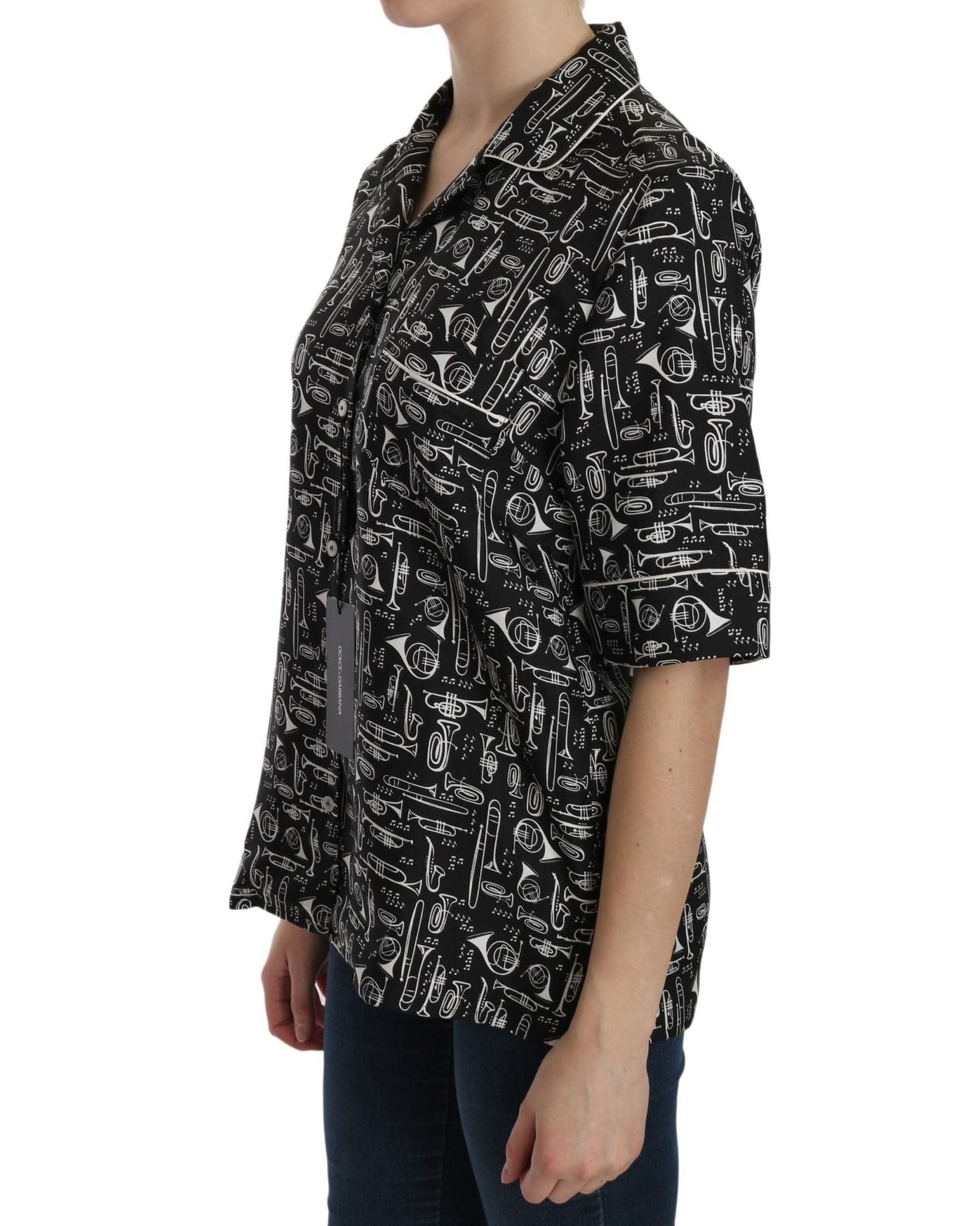 Dolce & Gabbana Black Silk Musical Instrument Print Top Shirts