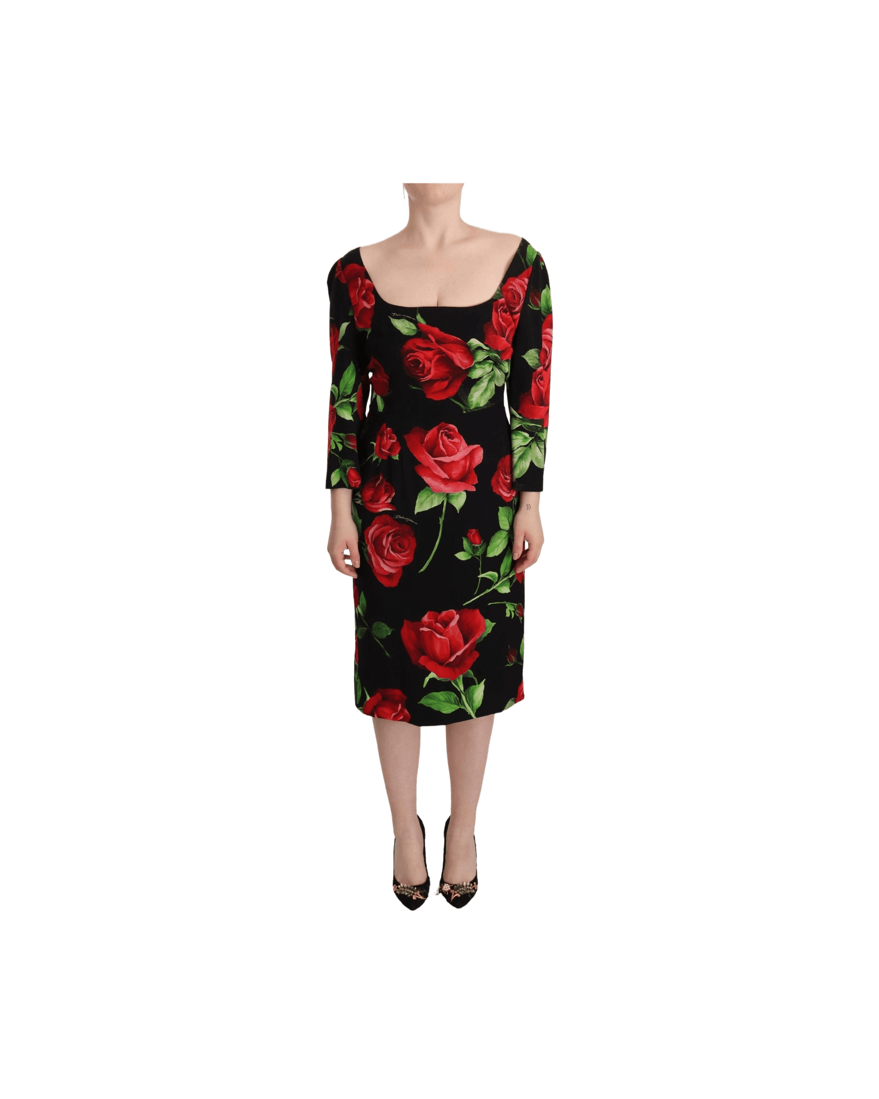 Dolce & Gabbana Black Silk Red Roses Sheath Stretch Dress Dresses