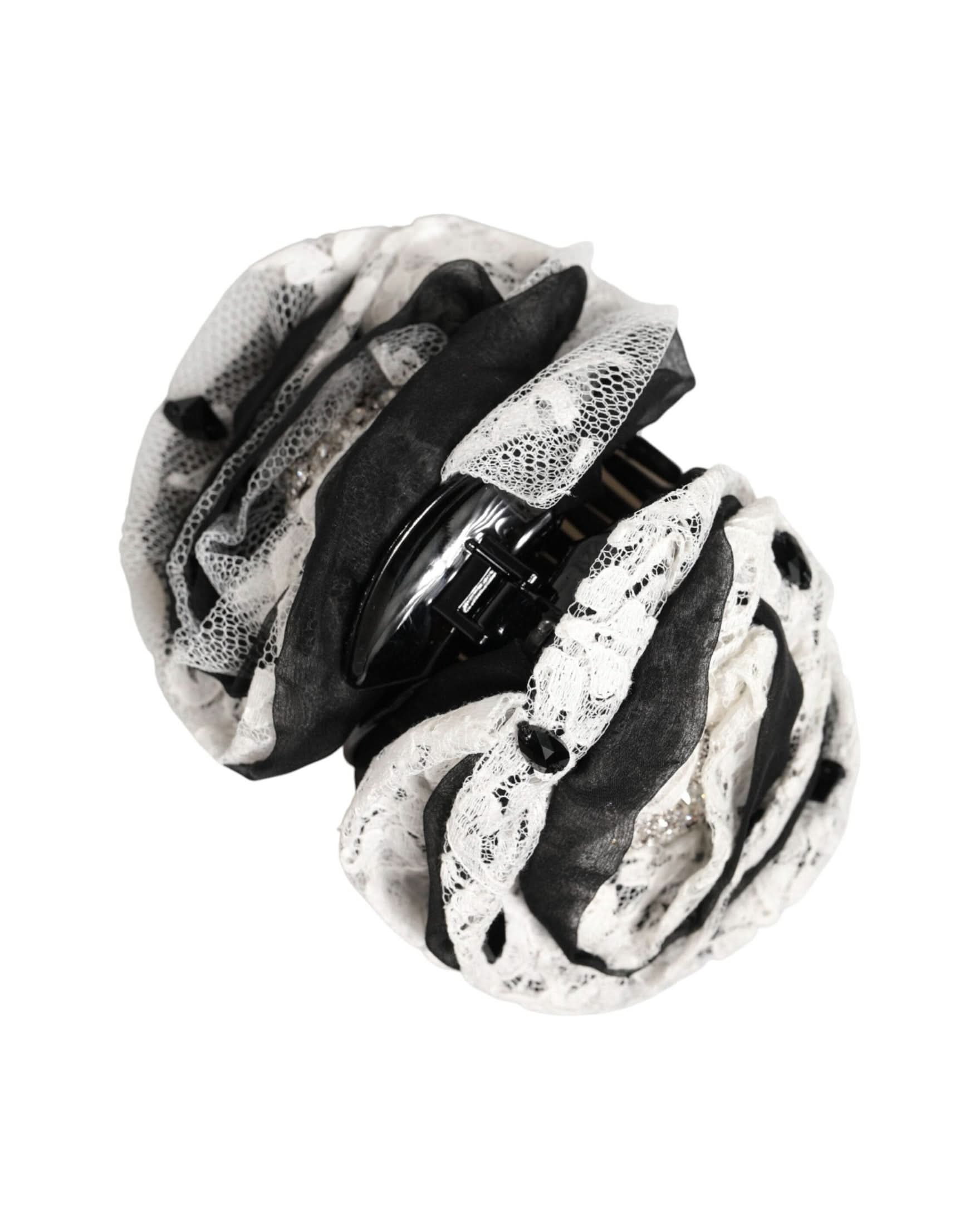 Dolce & Gabbana Black Silk White Floral Lace Crystal Hair Claw Hair Pins, Claws & Clips