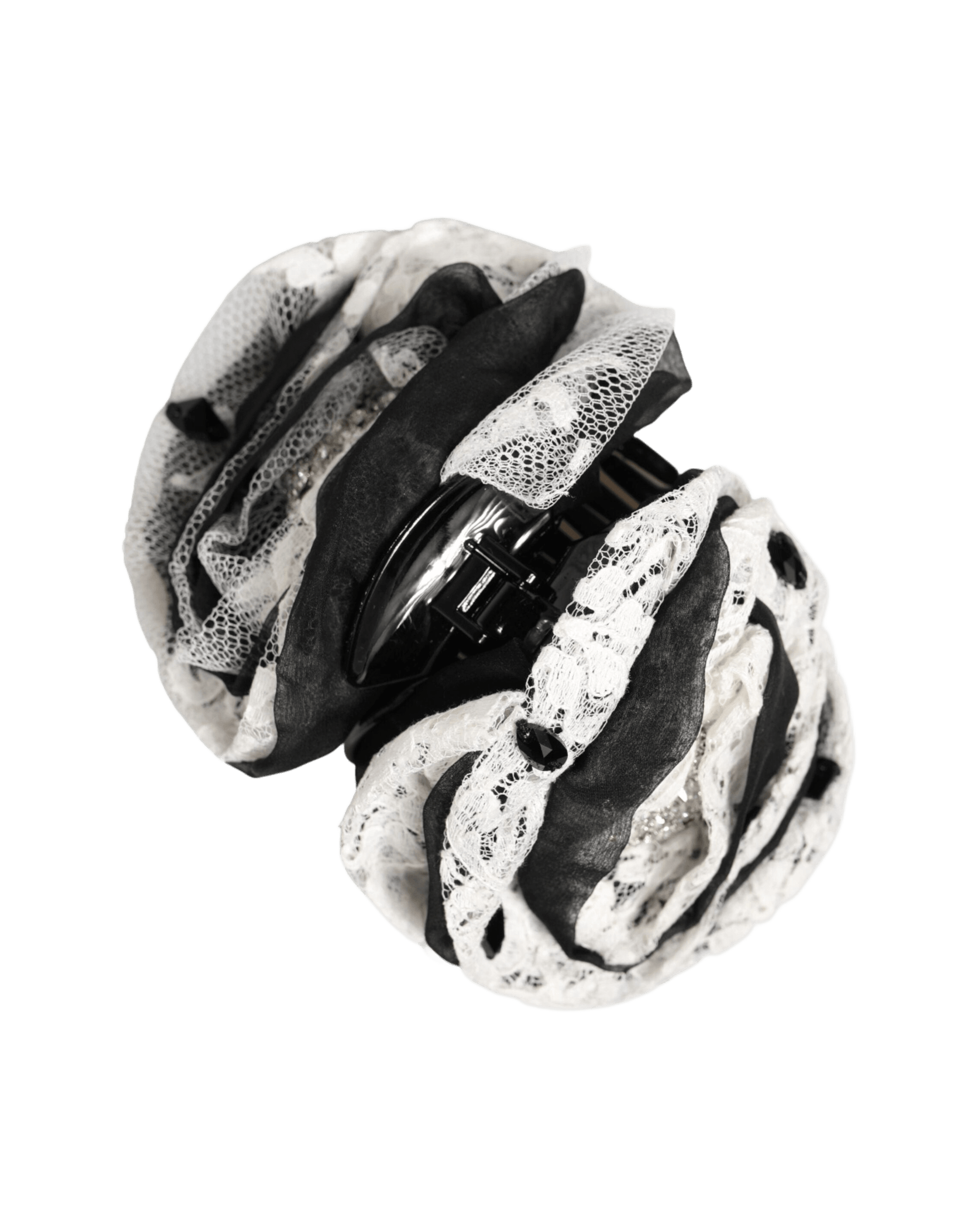Dolce & Gabbana Black Silk White Floral Lace Crystal Hair Claw Hair Pins, Claws & Clips
