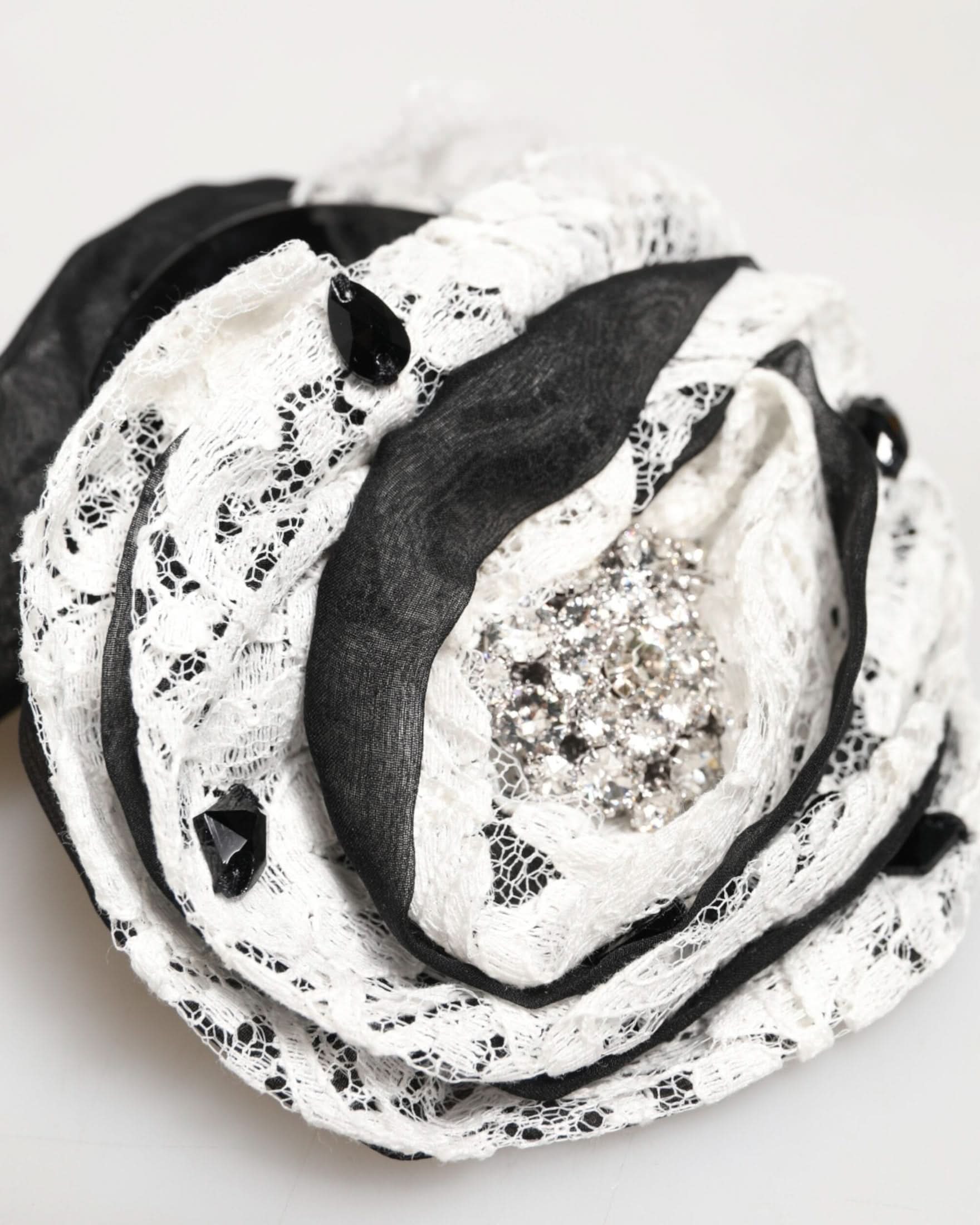 Dolce & Gabbana Black Silk White Floral Lace Crystal Hair Claw Hair Pins, Claws & Clips