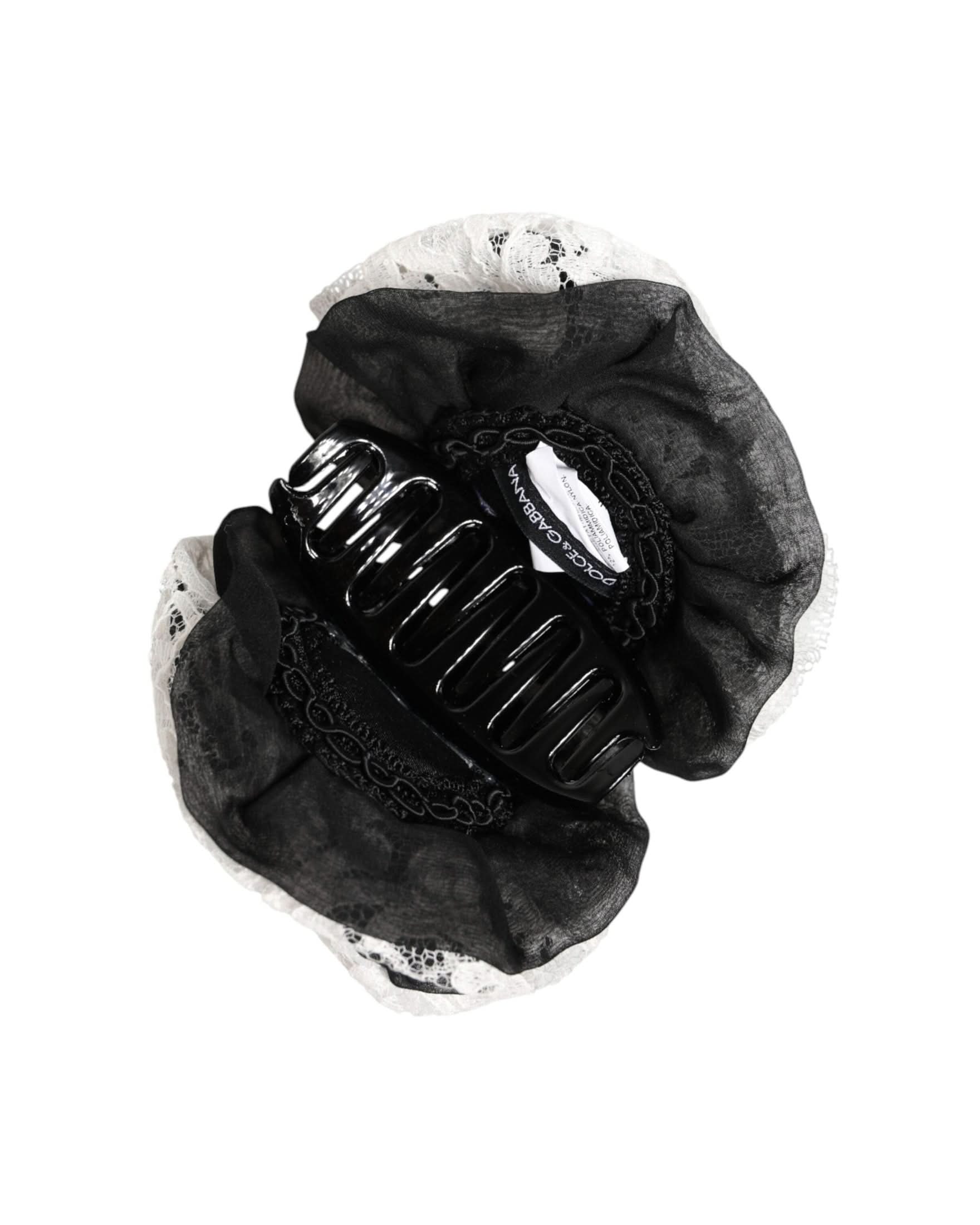 Dolce & Gabbana Black Silk White Floral Lace Crystal Hair Claw Hair Pins, Claws & Clips