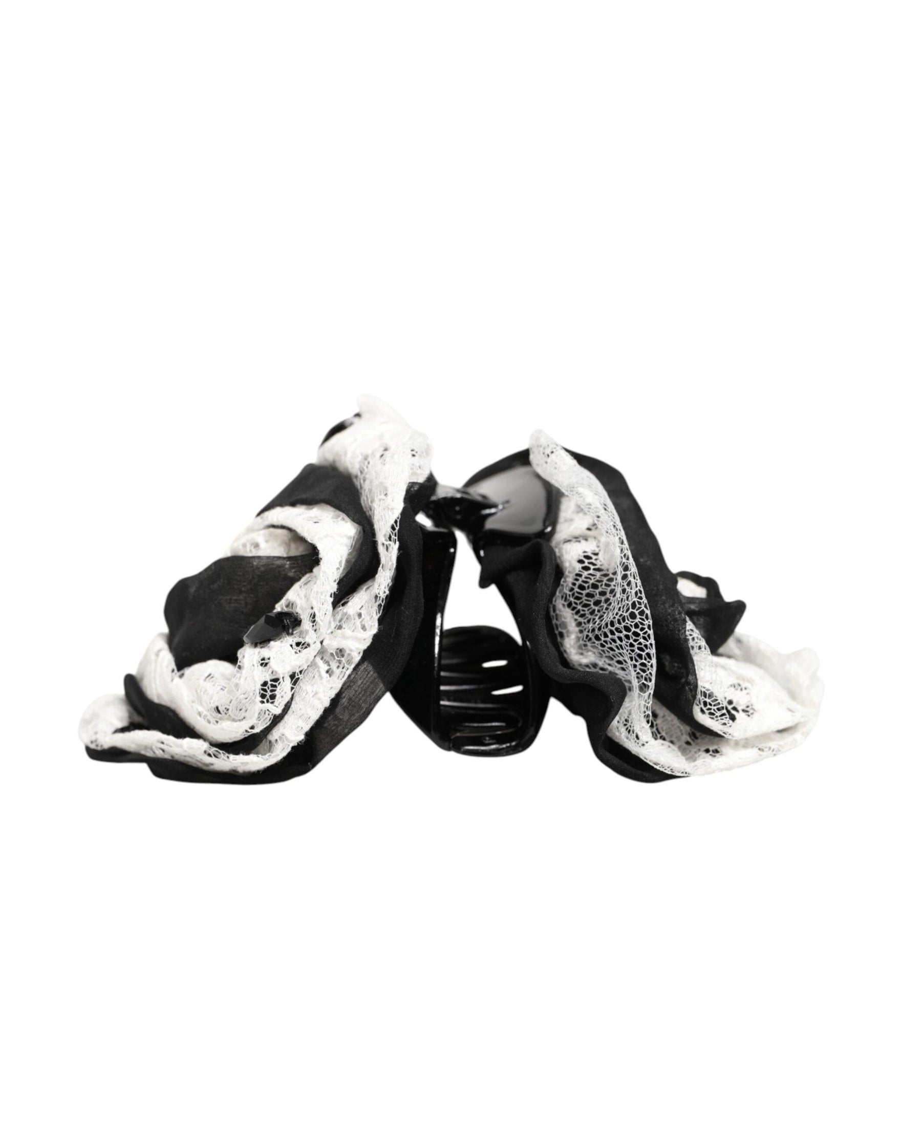 Dolce & Gabbana Black Silk White Floral Lace Crystal Accessory Hair Claw Glam Steals