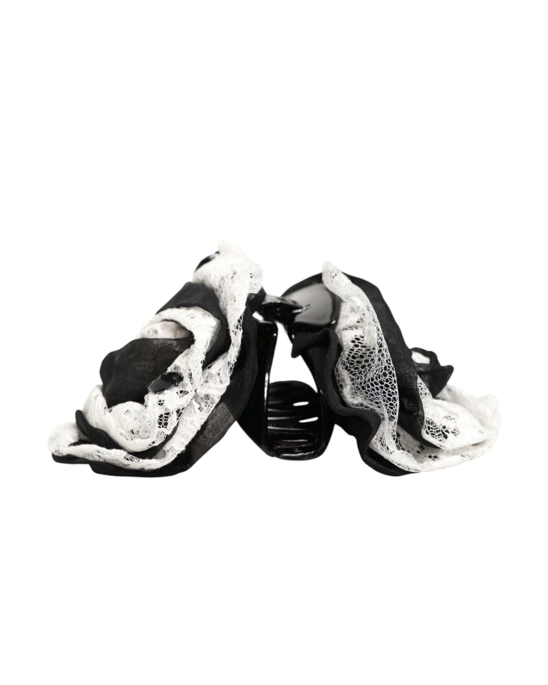 Dolce & Gabbana Black Silk White Floral Lace Crystal Hair Claw Hair Pins, Claws & Clips