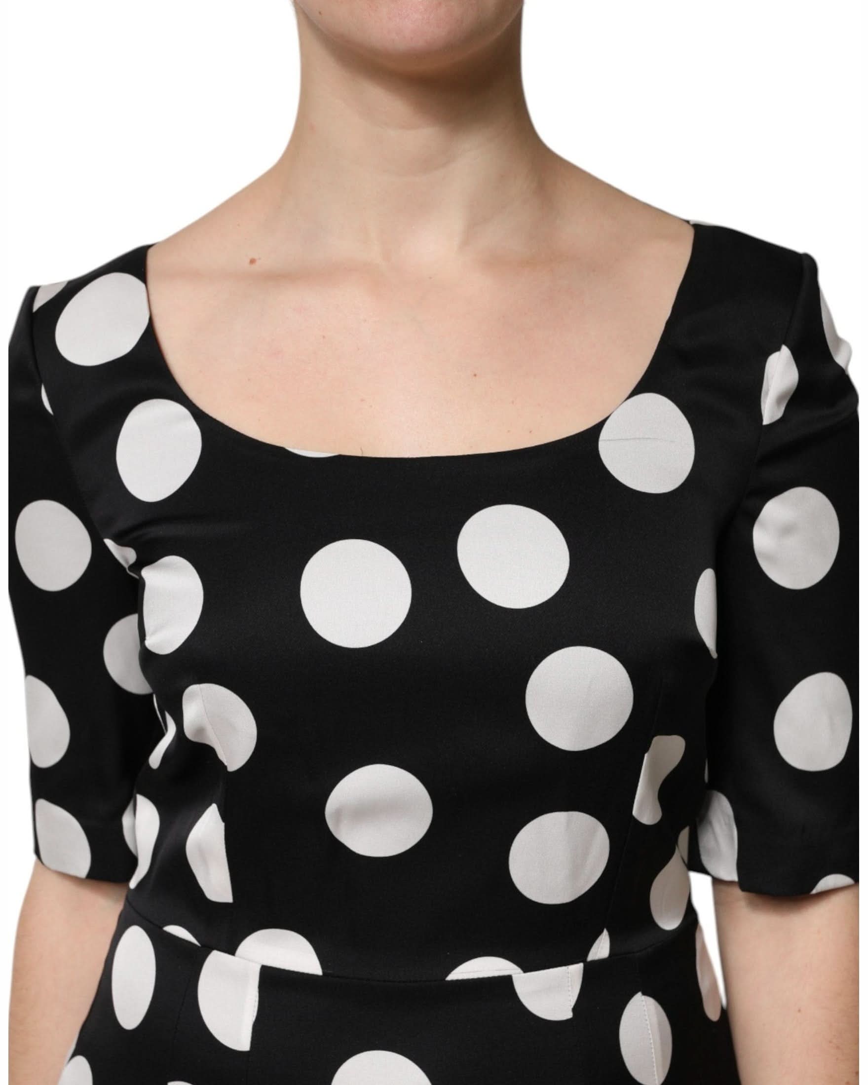 Dolce & Gabbana Black Silk White Polka Dot Sheath Midi Dress