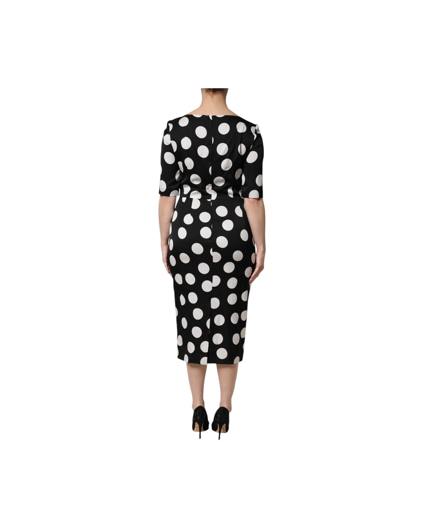 Dolce & Gabbana Black Silk White Polka Dot Sheath Midi Dress